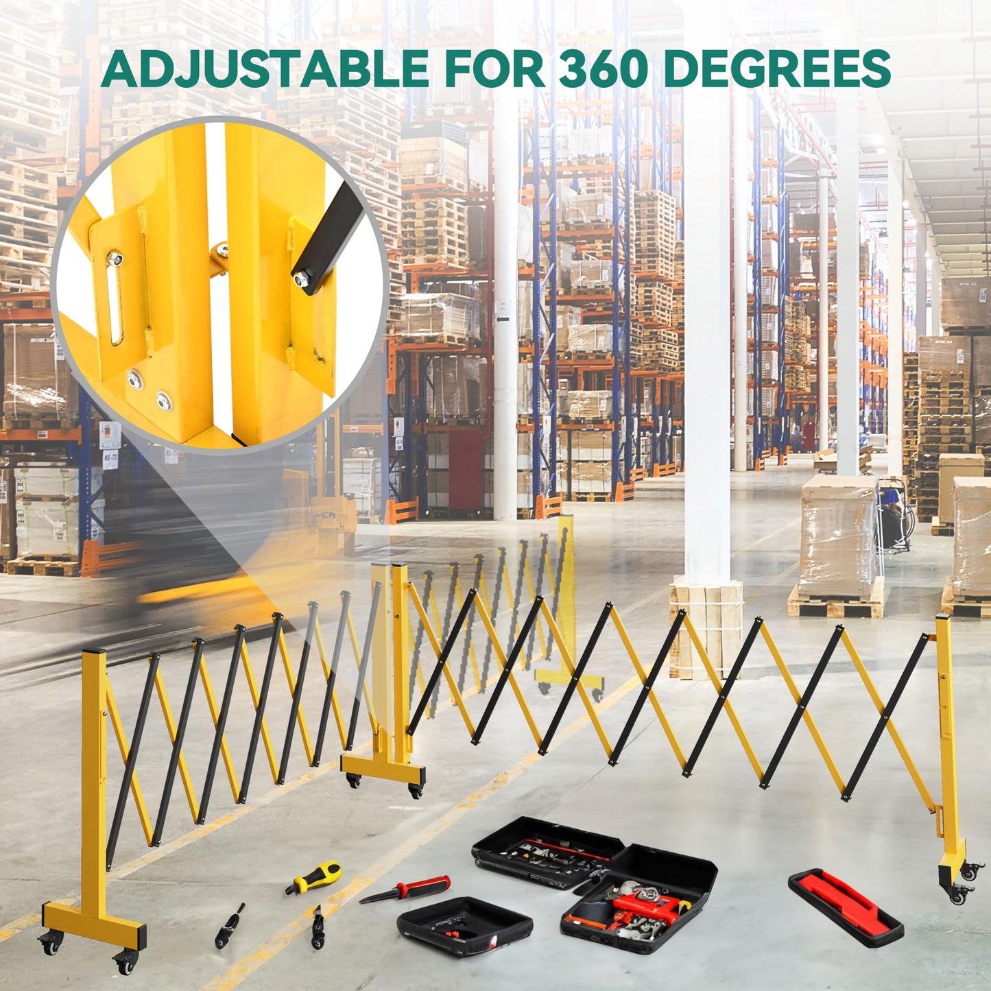 YITAHOME Metal Expandable Barricade Gate, 16FT Folding Security Gate, Expandable Mobile Barricade, 360 Folding Safety Barricade with Wheels