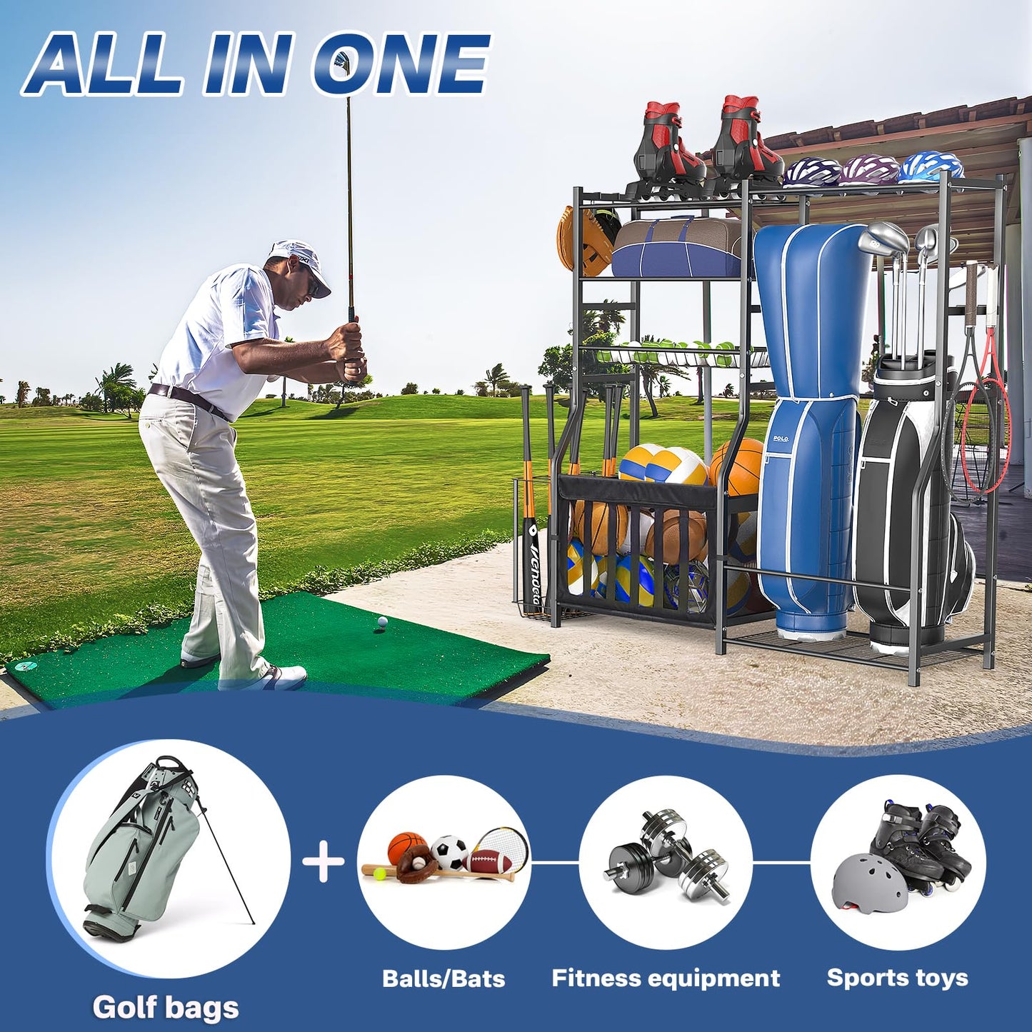 organizelink Heavy Duty Garage Sports Equipment Organizer, All-in-One Golf Bag Storage Rack & Multi-Sport Ball Holder for Basketballs, Bats & Kids Toys, Indoor/Outdoor Free Standing Gear Bin
