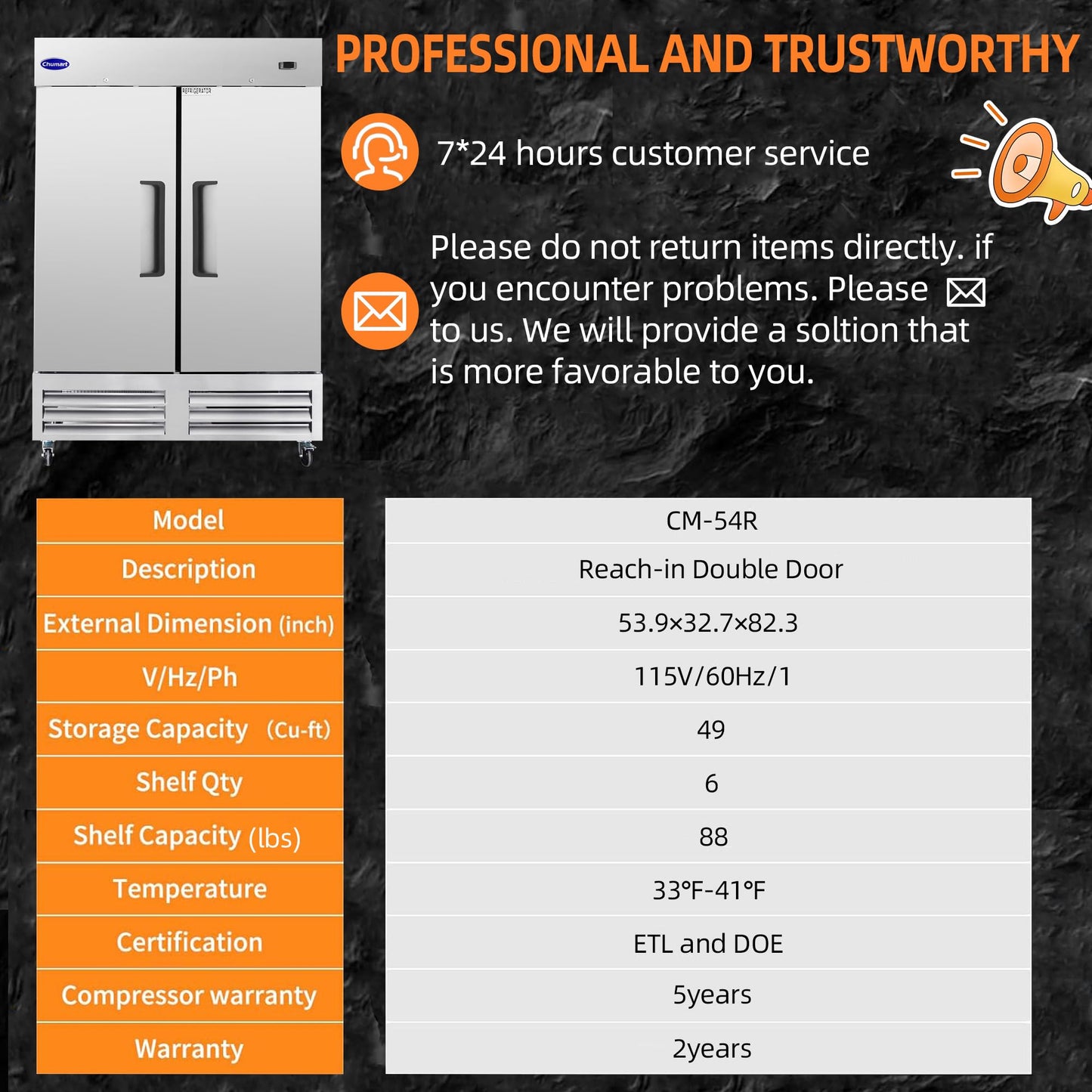 CHUMART 54" W Commercial Refrigerator with 2 door Stainless Steel 49 Cu. Ft Reach-in Refrigerator 6 Adjustable shelves Fan Cooling Fridge for Restaurant, Commercial Kitchen, Shop, ETL Certification