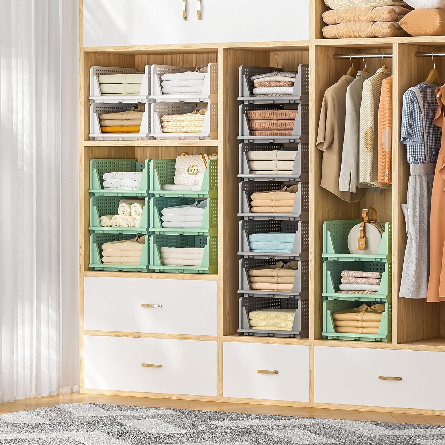 Stackable Plastic Storage Drawers - Closet Organizer with Open Bins for Clothes | 5-Drawer Set in Green
