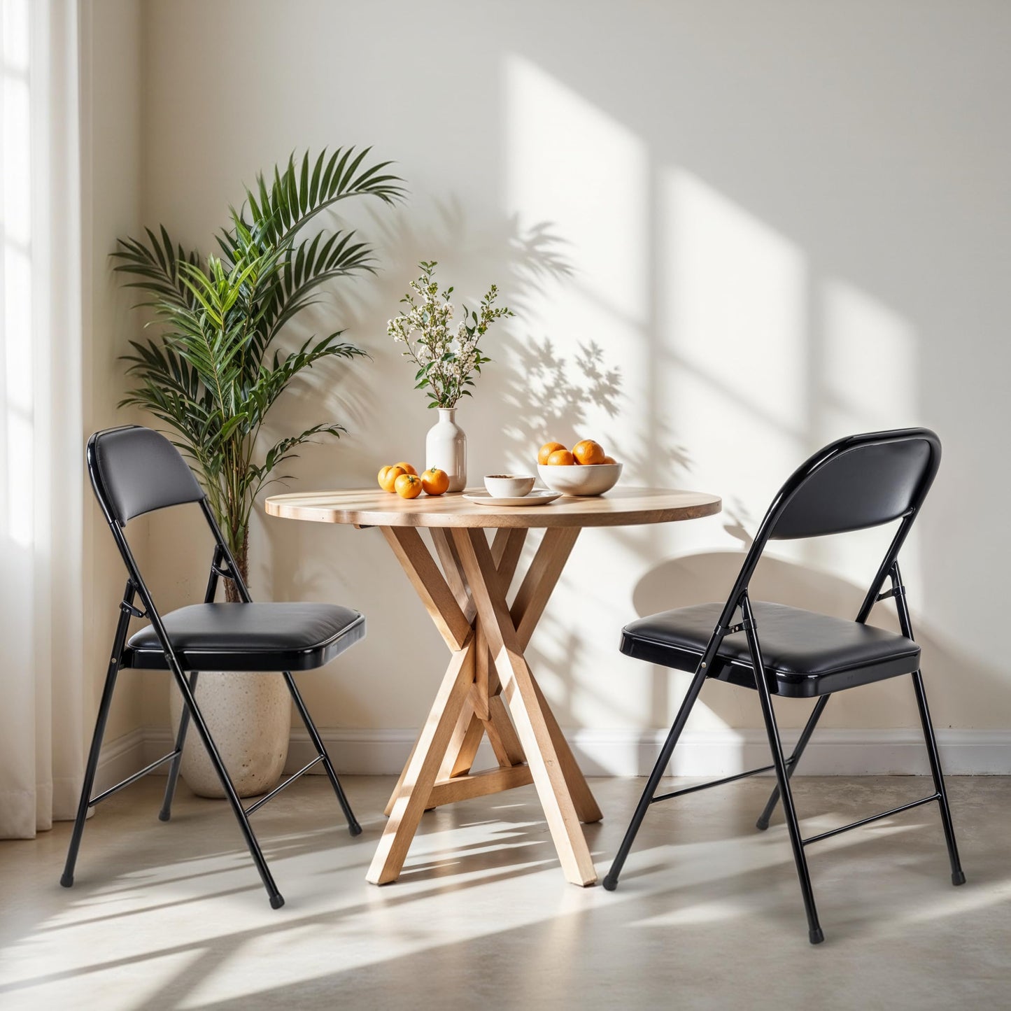 Simple Deluxe Dining Chairs Set of 2, Leather Cushion Foldable Modern Kitchen Side Chair with Padded Back& Metal Legs, Upholstered Dinner Seat Gift for Home/Living Room/Bedroom/Restaurant, Black