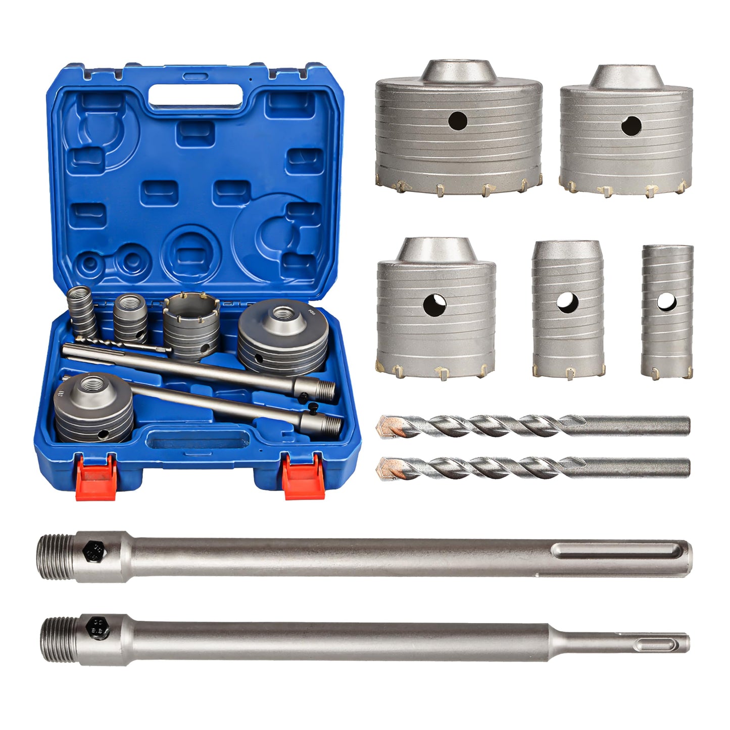 9Pcs Masonry Concrete Hole Saw Kit (30 40 65 80 100 mm), 300 mm Tungsten Carbide SDS Plus and SDS Max Bit Shank, Hole Saw Set for Concrete Brick Cement Tile