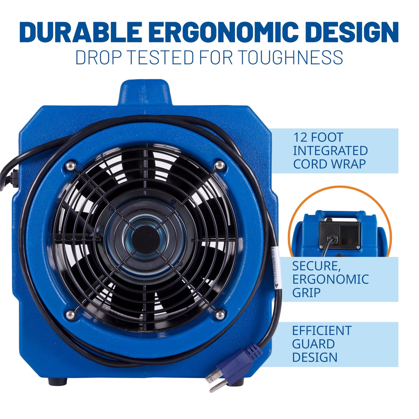 BlueDri Portable 1/5 HP, 870 CFM Mini Axial Air Mover Fan with Wall Mount Option for Water Damage, Drying and Ventilation, Blue, MA-870, Small