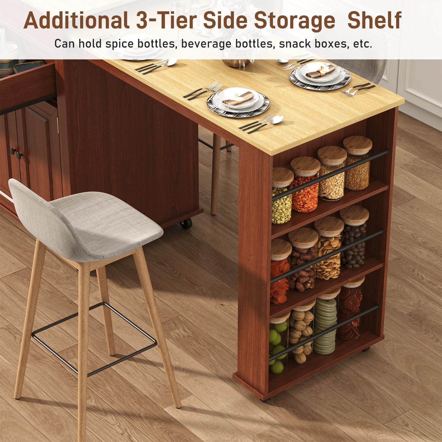 80"-48" Extendable Kitchen Island with Extended Dining Table and Power Outlet,Large Mobile Kitchen Storage Islands with 2 Storage Drawers,Rolling Islands Cart with 3 Extra Rows Open Shelves(Brown)