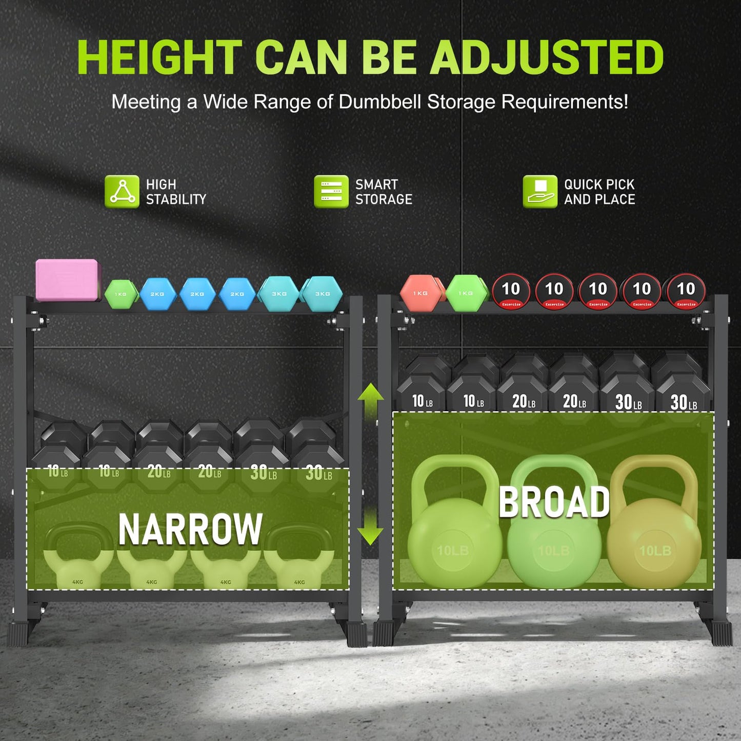Eocnrhe Dumbbell Rack Stand Only, Weight Rack for Home Gym, 3-Tier Adjustable Dumbell Rack, Heavy-Duty Weight Stand for Dumbbells Kettlebells & Weight Plates(Rack Only)