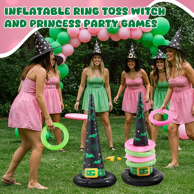 Leitee 10 Pcs Halloween Inflatable Witch Hat Ring Toss Game Set Carnival Pink and Green Inflatable Ring Toss Games Toys for Witch Themed Birthday Party Decoration Indoors Outdoors