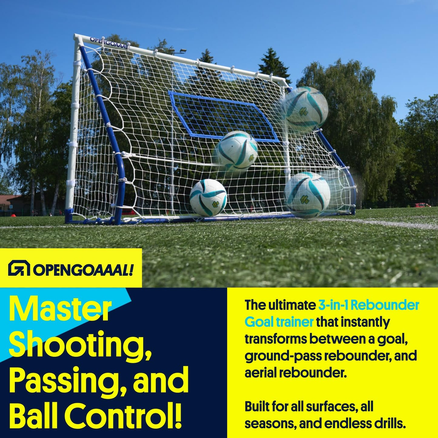 Open Goaaal 3-in-1 Soccer Rebounder Goal - 4 ft x 6 ft - Adjustable Angle Modes for Shooting Drills - Ground-Pass Setup for Passing Practice - High-Angle Rebound Net for Ball Control