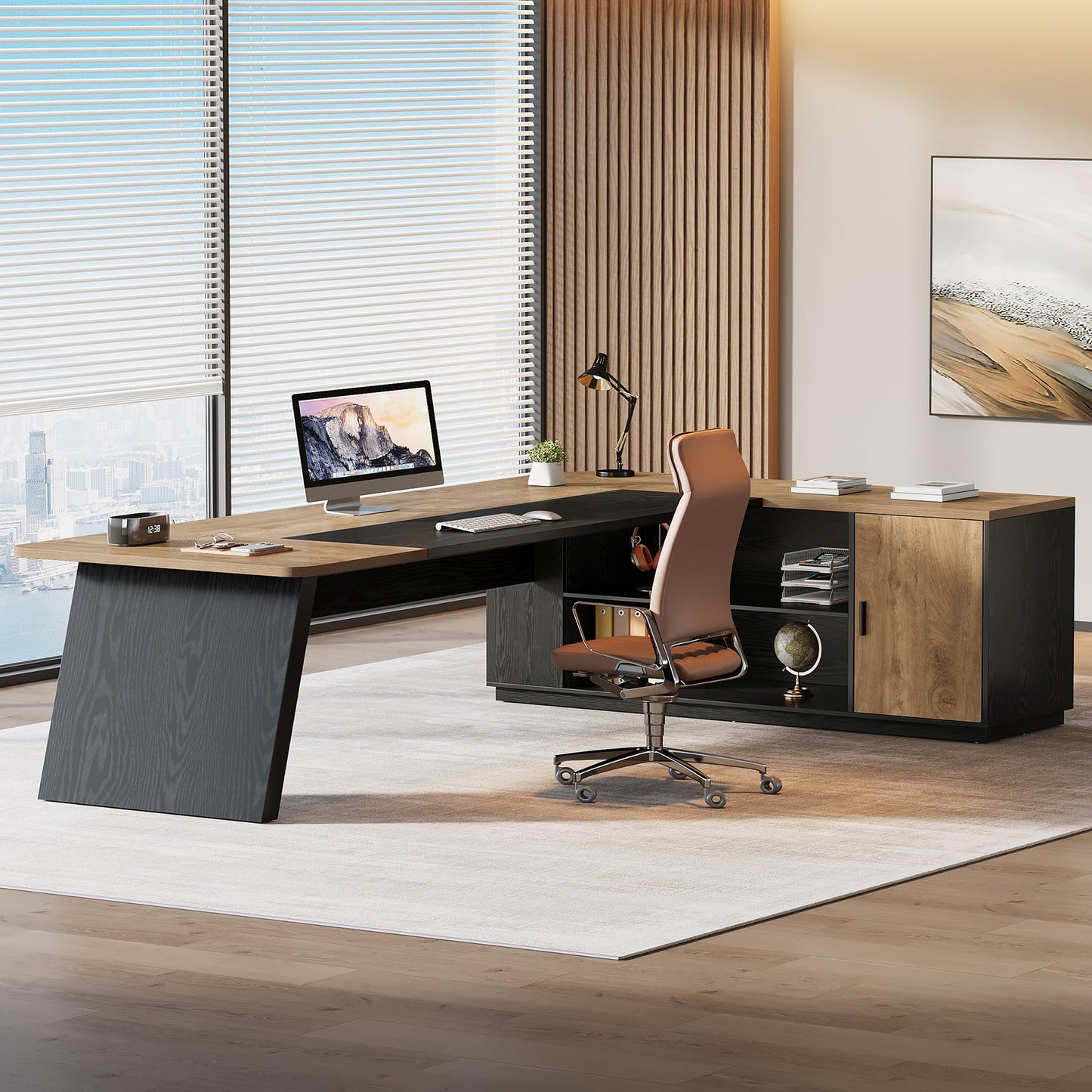 Tribesigns 79-Inch Executive Desk, Large Office Desk with Cabinet, L-Shaped Compter Desk with Storage Shelves, Writing Table for Home Office, Natural Oak and Black
