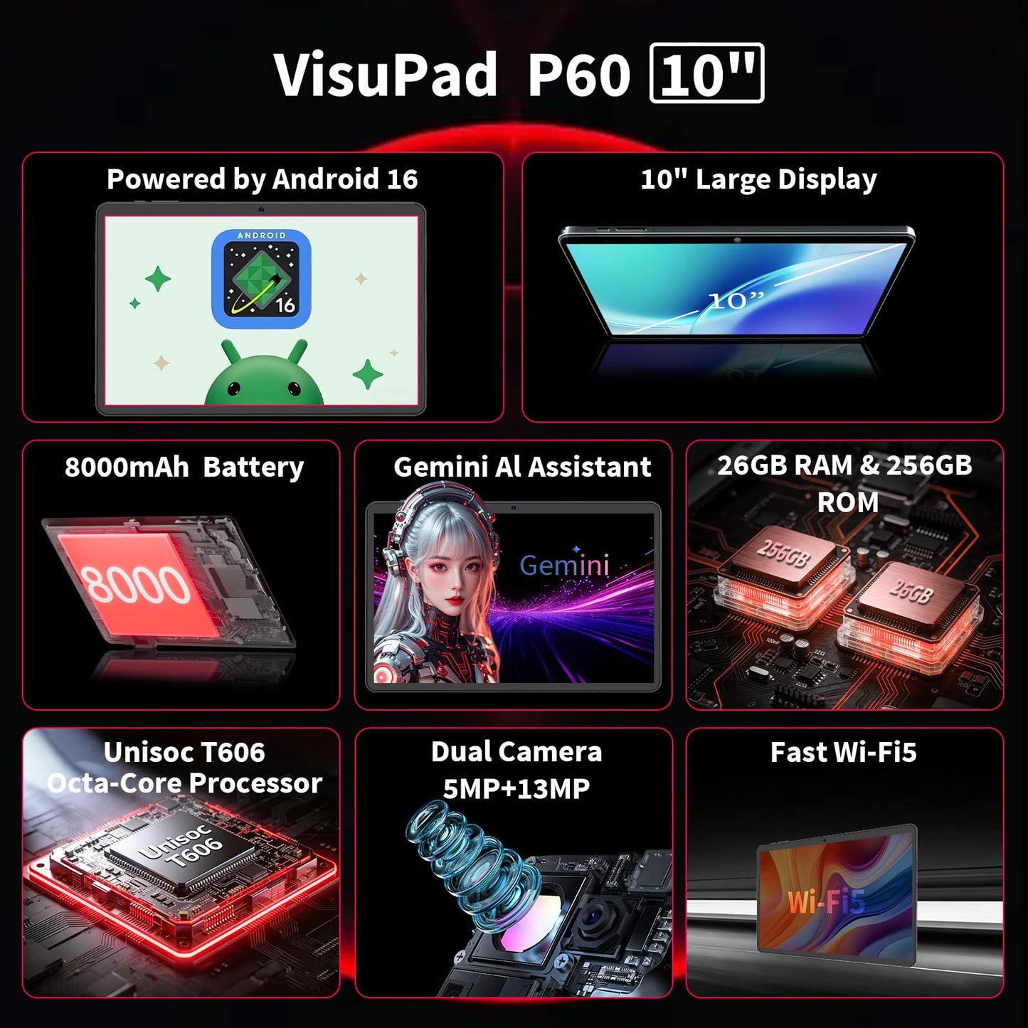 Android tablet, 2026 10 inch Android 16 tablet with keyboard, 26GB+256GB+2TB Expand, AI Tablet with Gemini, 8-Core, 8000mAh, 5G WiFi, GPS, GMS, Electronics Tablets with Case/Mouse/Stylus(Black Case)