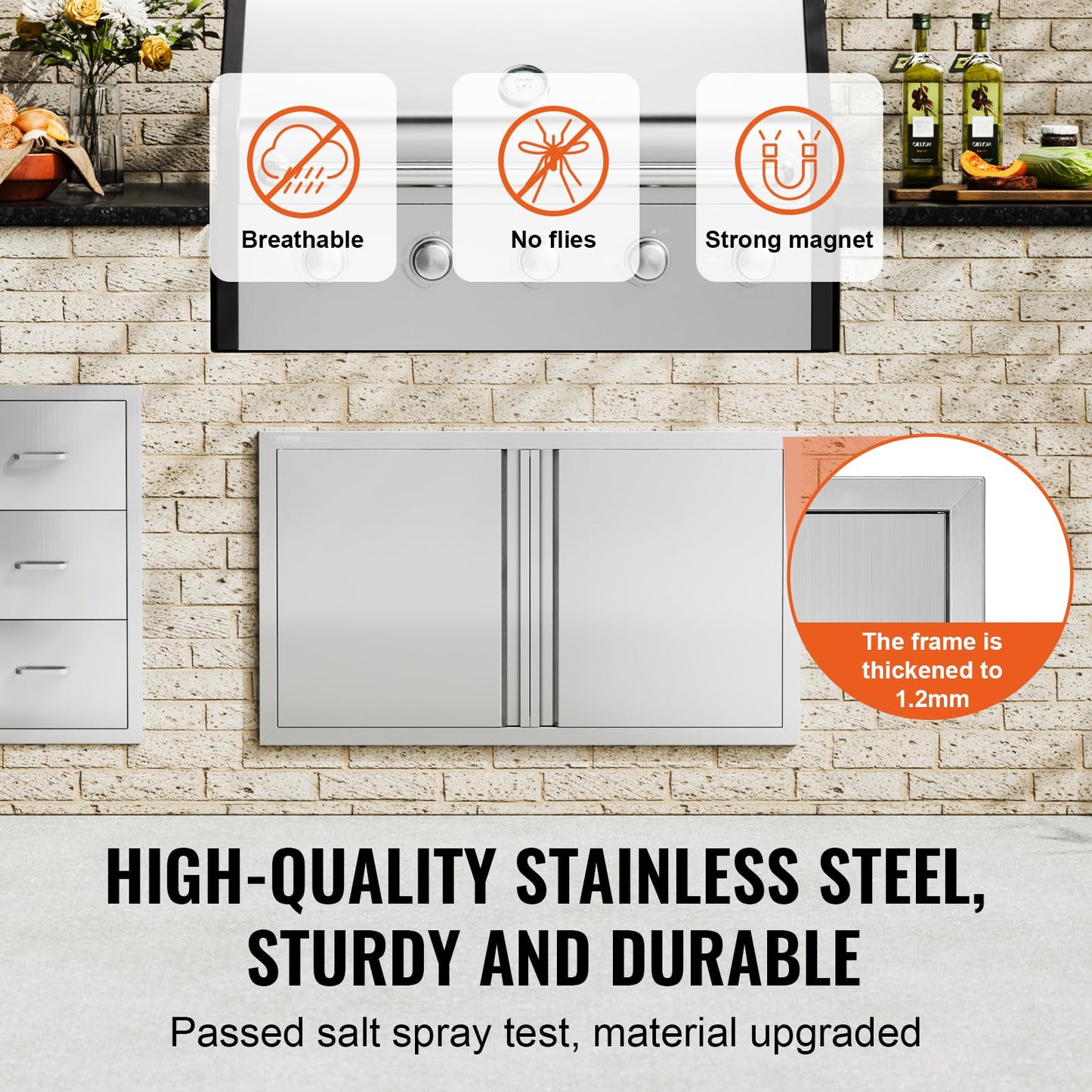VEVOR BBQ Access Door, 36W x 21H Inch Double Outdoor Kitchen, Stainless Steel Flush Mount, Wall Vertical With Recessed Handles, for BBQ Island, Grilling Station, Outside Cabinet
