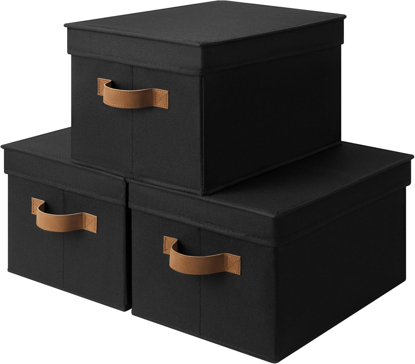 StorageWorks Black Storage Bins - Decorative Foldable Boxes with Lids & PU Handles | Large 3-Pack