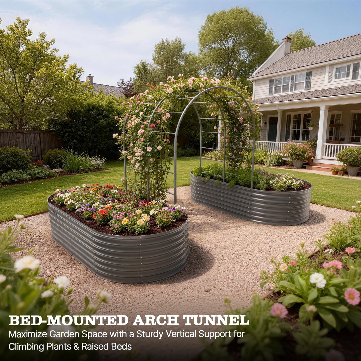 A ANLEOLIFE Garden Arch Trellis for Raised Garden Beds, Heavy-Duty Metal Archway, Bed-Mount or In-Ground Install, Deep-Insert Stability for Cucumbers, Beans, Gourds & Squash, Quartz Gray