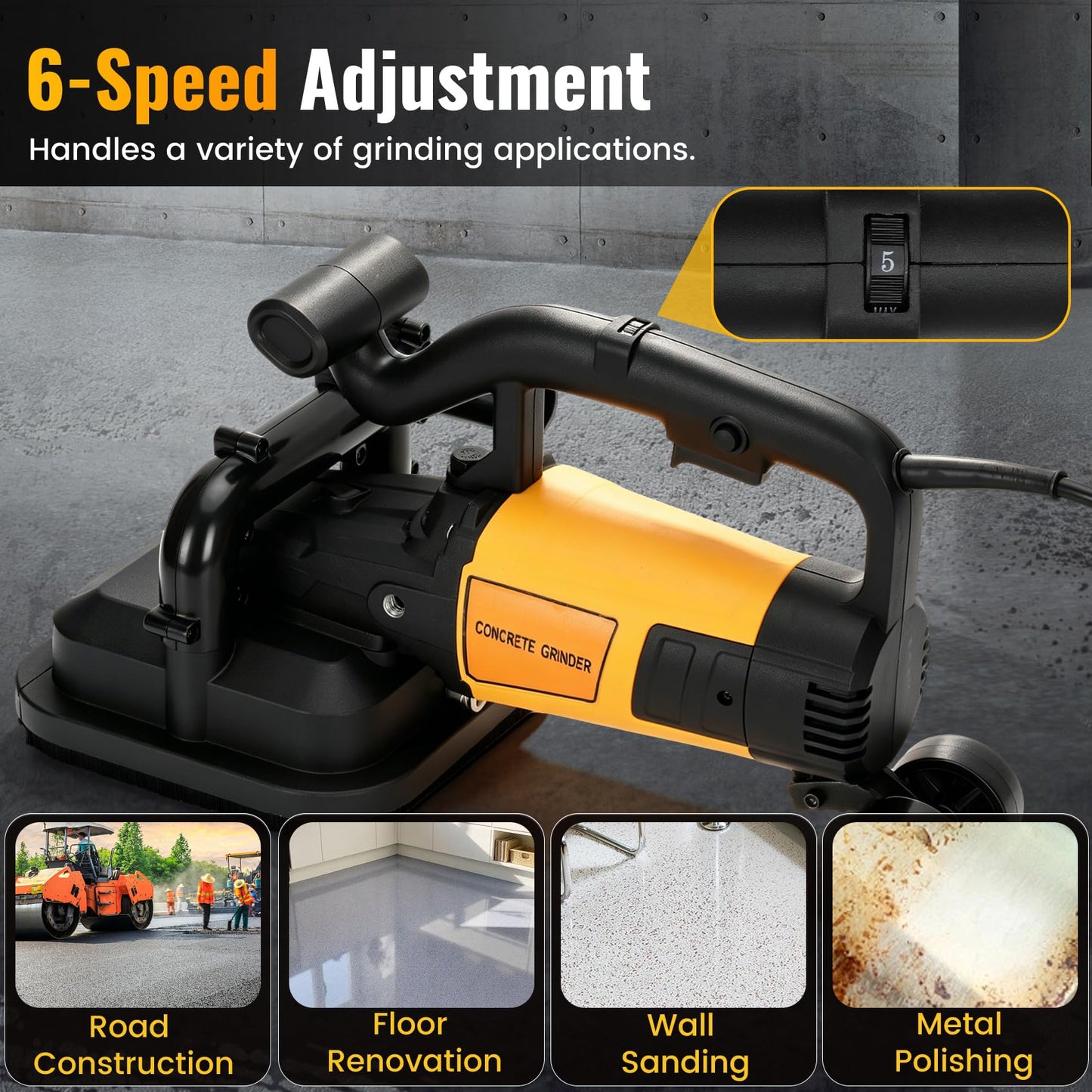 4-Head 3800W Concrete Floor Grinder with Extendable Rod, 6000 RPM 4” Concrete Sander with 6-Speed Control & Dust Collection Cover for Cement Marble Floors Granite & Surfaces