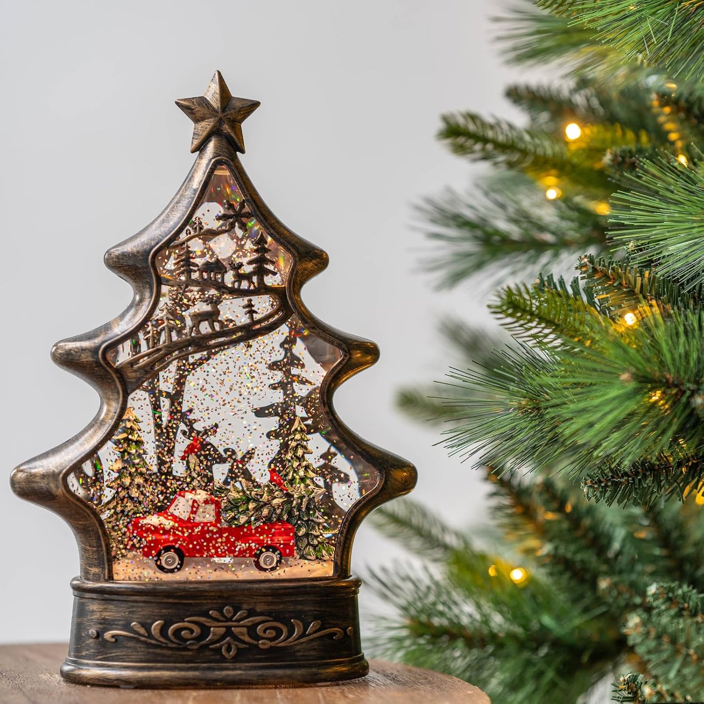 Regine Switzerland Snow Globe Lantern - Musical Lighted Christmas Tree with Red Truck - 11.5 Inch Holiday Decor