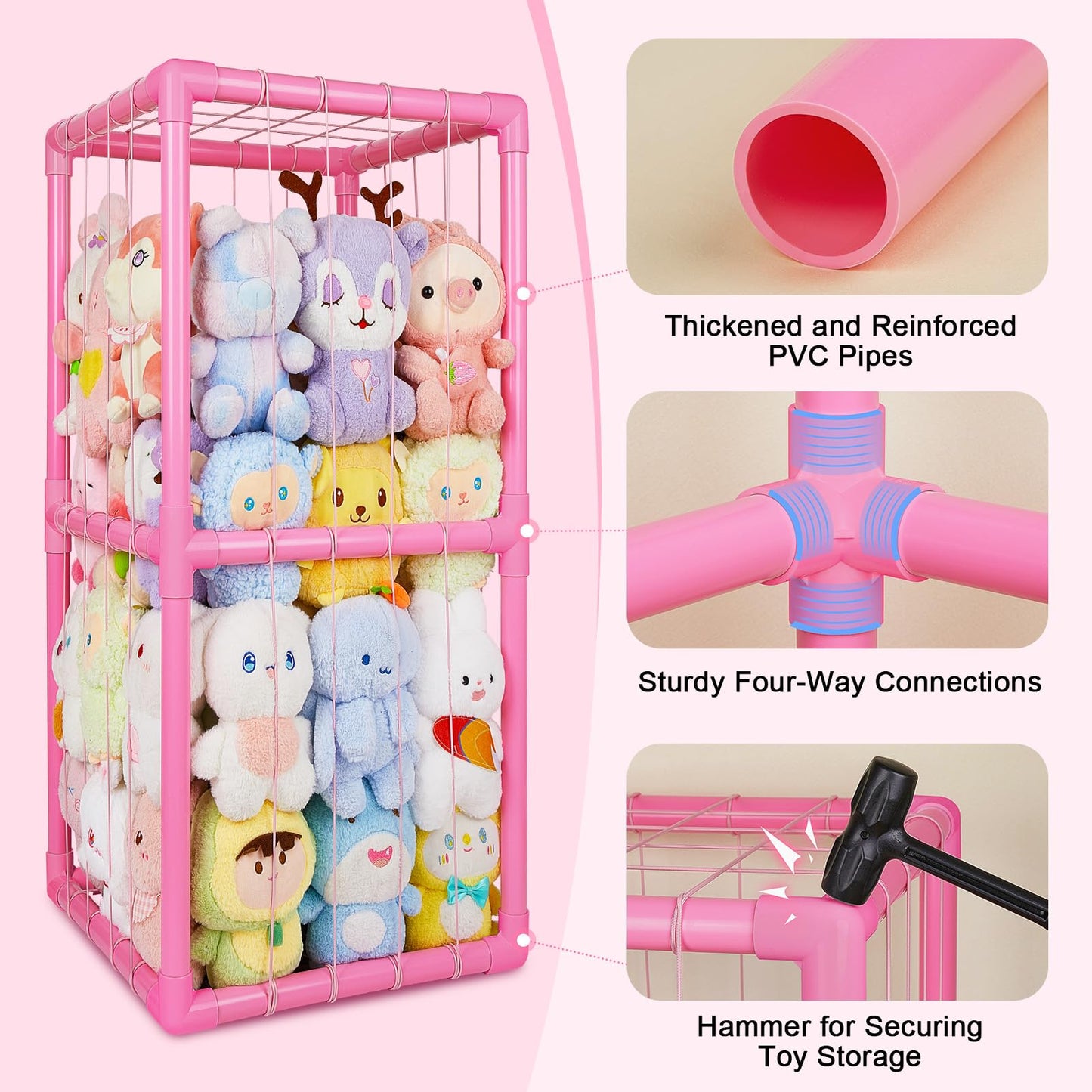 Unicorn Castle Stuffed Animals Storage Organizer with Thicken PVC Tubes Elastic Band Space Save Vertical Plushies Storage Stuffed Animals Zoo Cage for Kids,Pink