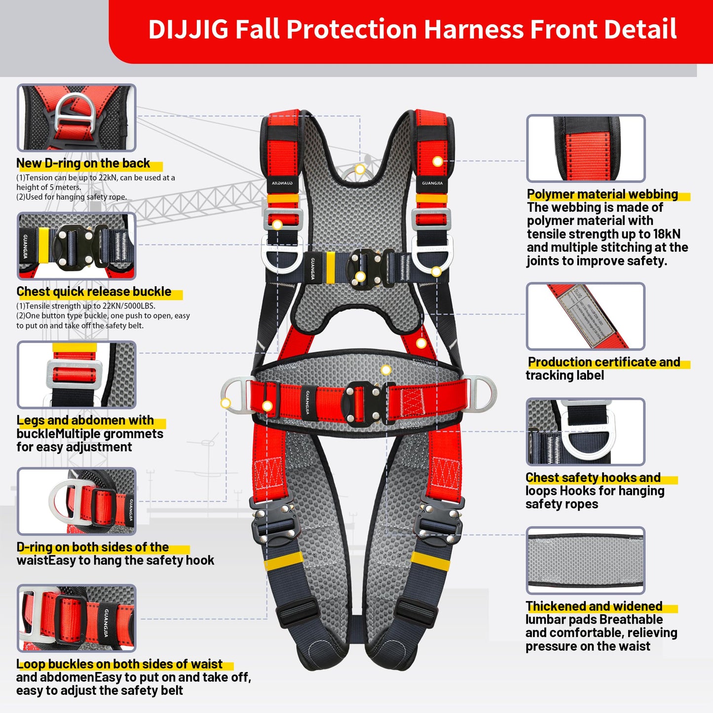 DIJJIG Fall Protection Safety Full Body Harness 5pt Adjustment Safe Comfortable Construction Positioning Harness Extra Long Thick Leg Back Padded Push-Button Quick-Lock Buckles OSHA and ANSI compliant