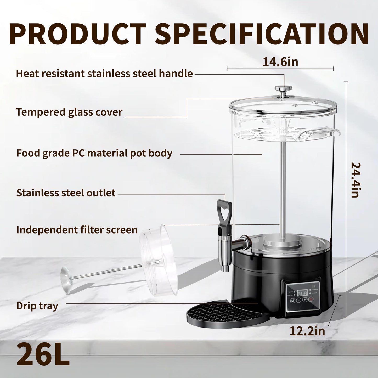 GKFF Commercial Coffee Urn Hot Beverage Dispenser Coffee Maker, Food-grade Plastic 26 L 170 Cups, Hot Chocolate Machine, Electric Percolator for Catering Hot Water for Hot Cocoa, Drink, Tea, Juice