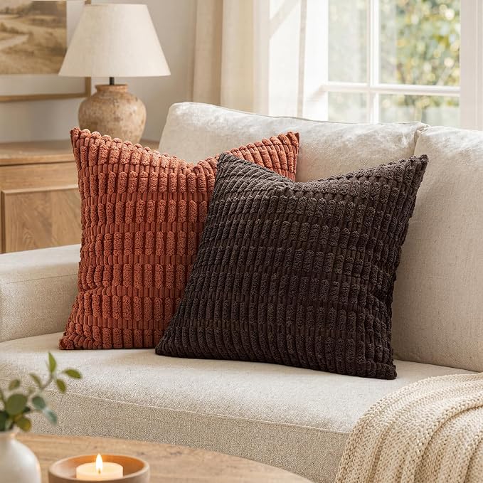 MIULEE Pack of 2 Corduroy Decorative Throw Pillow Covers 16x16 Inch Soft Boho Striped Pillow Covers Modern Farmhouse Home Decor for Sofa Living Room Couch Bed Dark Brown