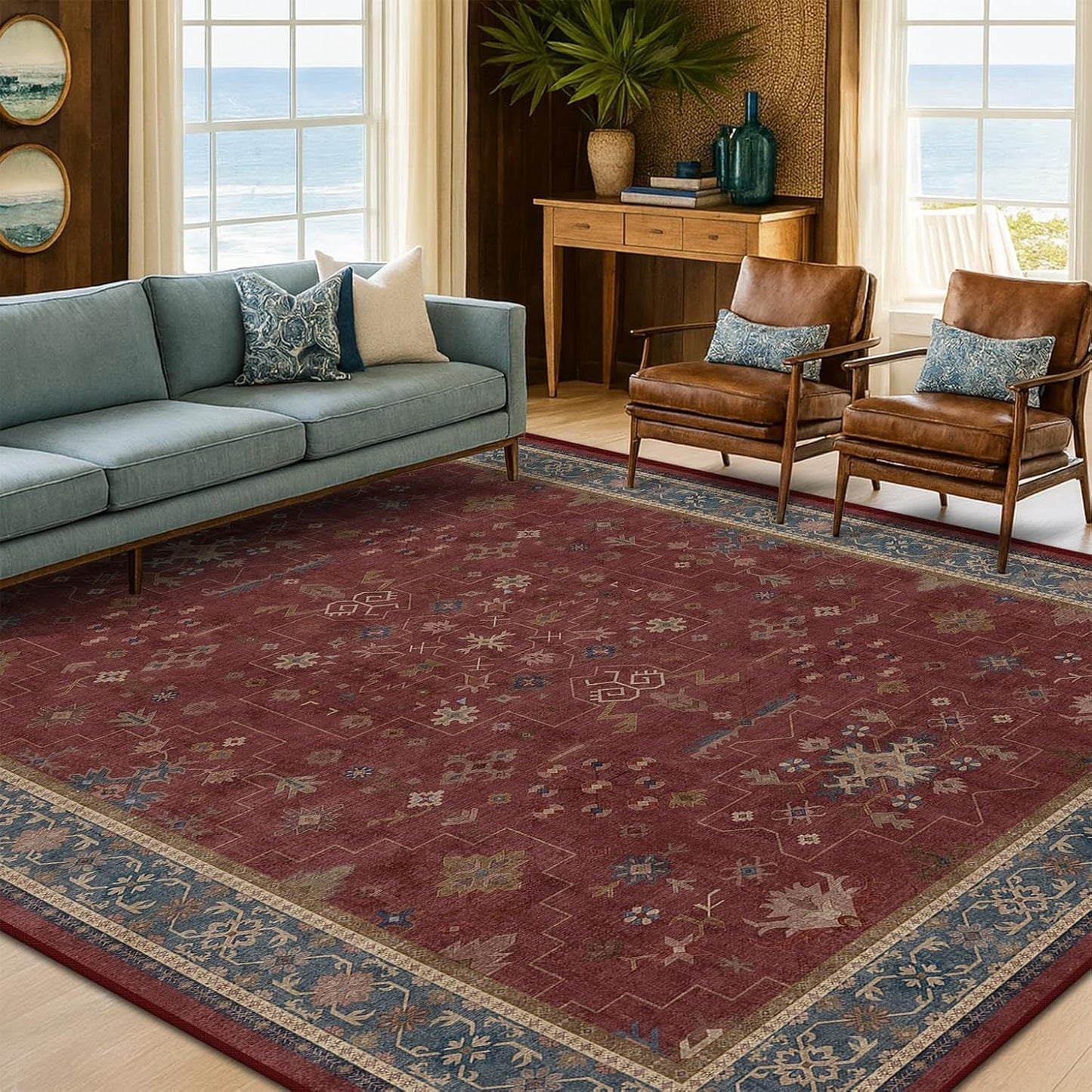 Skiennix 6x9 Dining Room Rug - Vintage Burgundy Boho Design, Lightweight & Washable Carpet