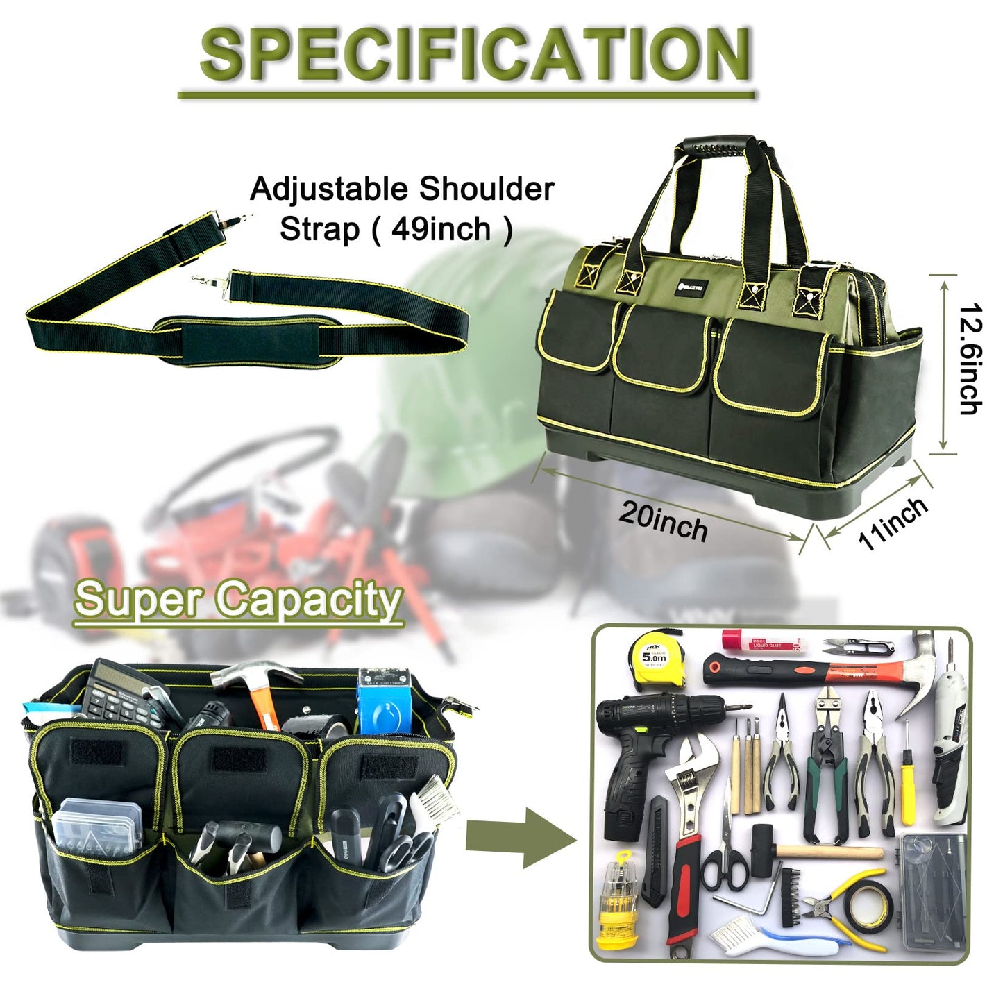 WILAXI PRO 20inch Tool Bag for Men Women Heavy Duty with Waterproof Molded Base Large Tool Bag, Wide Mouth Tool Tote, Artisan Carpenter Electricians Tool Bags,Adjustable Shoulder Strap Organizer