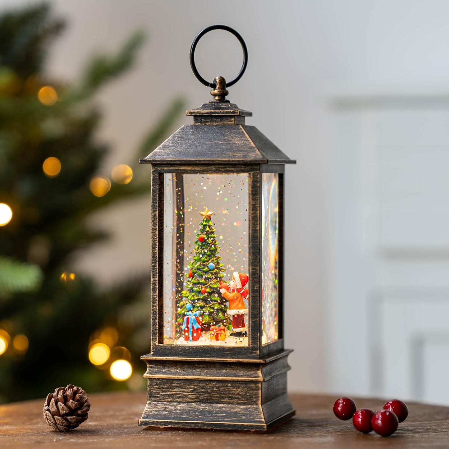 Skiennix 10'' Snow Globe Christmas Lantern - Musical & Lighted with Swirling Glitter | Battery or USB Powered