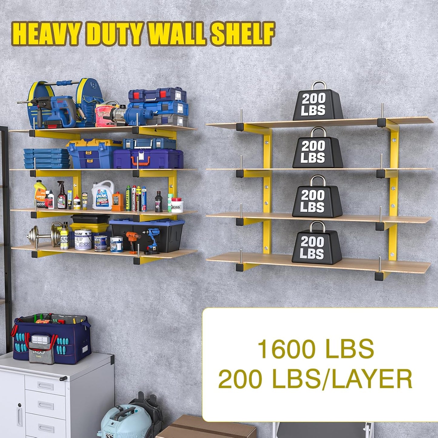 Skiennix Lumber Storage Rack - Heavy Duty Wall-Mounted Organizer | 8-Level System, Holds Up to 1600 Lbs, Yellow