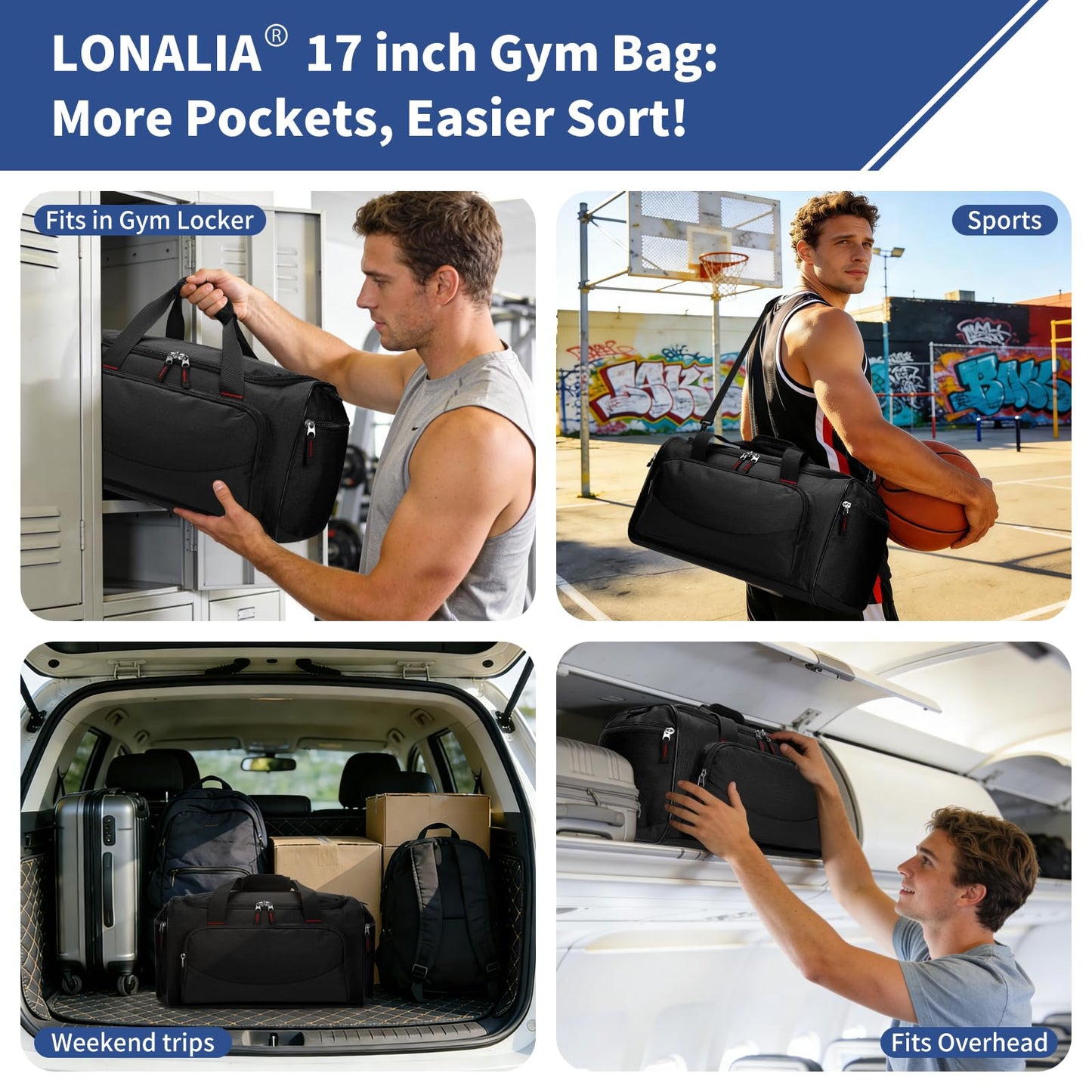 LONALIA 30L Gym Sport Duffle Bag - 17 inch Carry on Weekender Overnight Bag for Travel, Workout, Fitness (Black-30L)