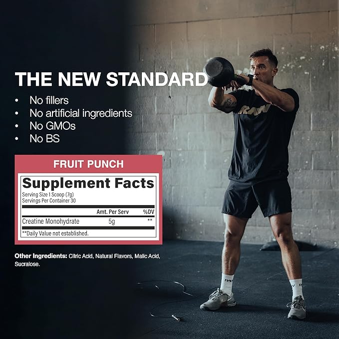 RAW Nutrition Creatine Monohydrate Powder, Fruit Punch (30 Servings) - Micronized Creatine Monohydrate Supplement for Workout Performance, Build Muscle & Strength - Creatine Powder for Men & Women