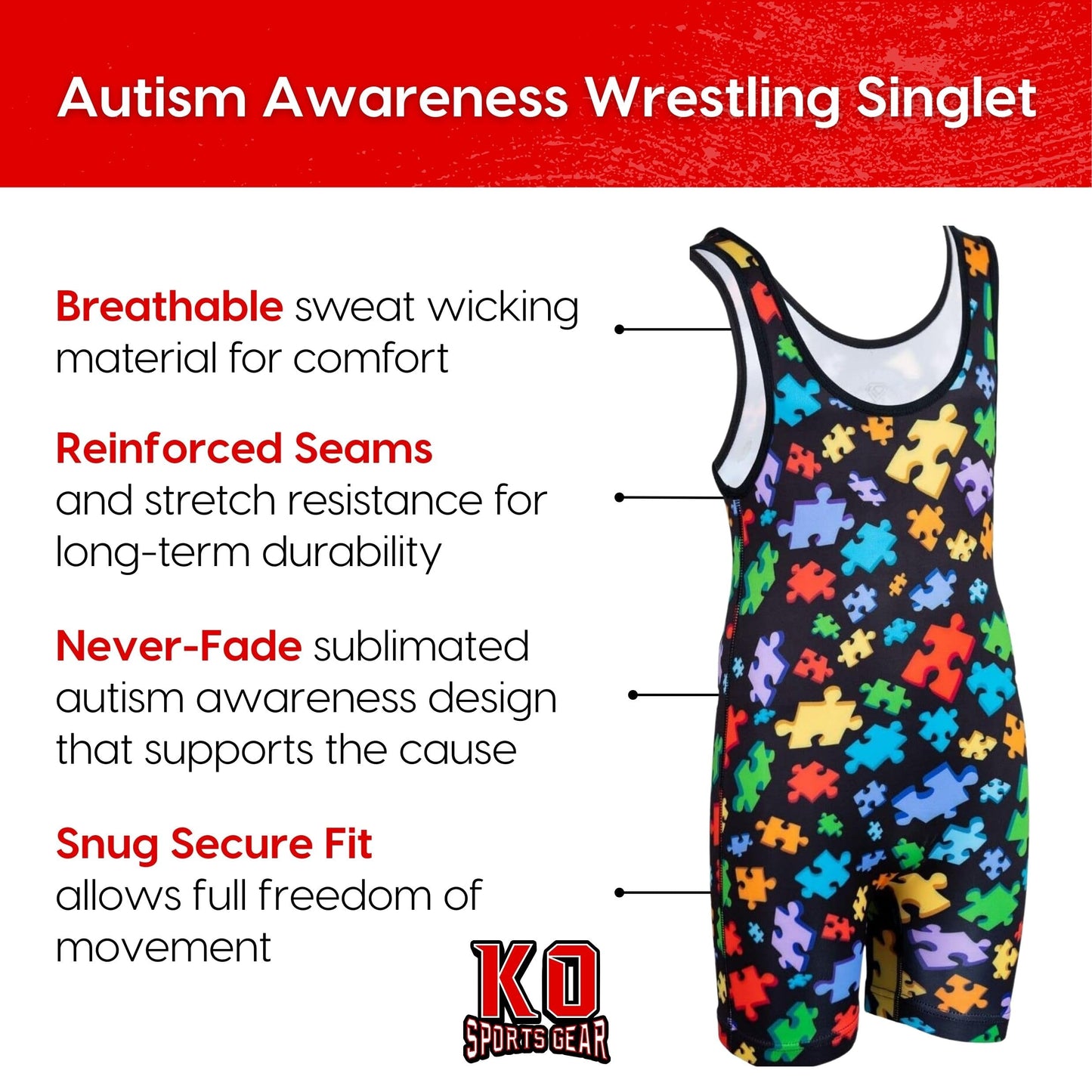 KO Sports Gear Unisex Wrestling Singlet for Youth Wrestlers - Wrestling Singlet for Boys & Girls - Bold Durable Uniform, Stretchy Breathable Material - Autism Awareness, Youth XX-Small
