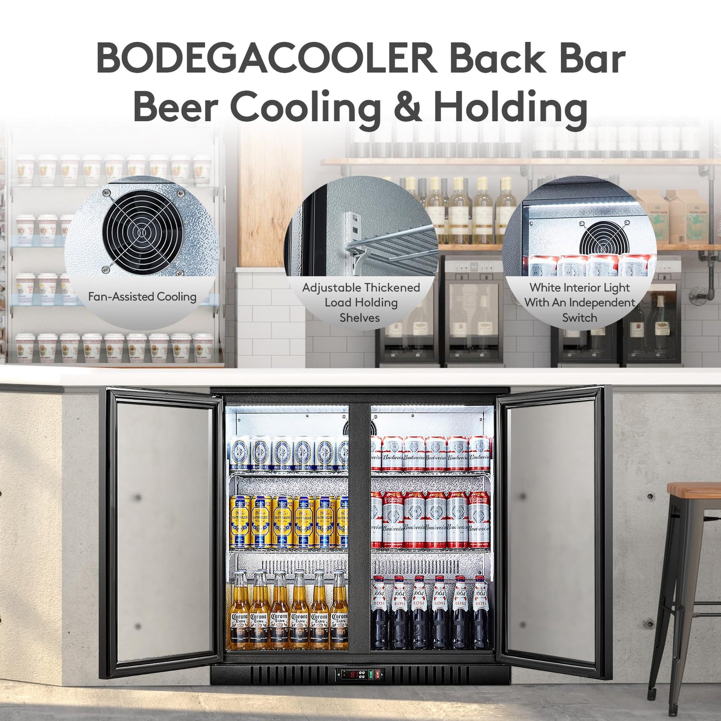 BODEGACOOLER 35.4 Inch Under Counter Beverage Refrigerator, 2 Door Back Bar Cooler, Dual Zone 32–50°F, 7.4 Cu.Ft Built-in or Freestanding Glass Door Fridge with LED Lighting, Holds 216 Cans/62 Bottles