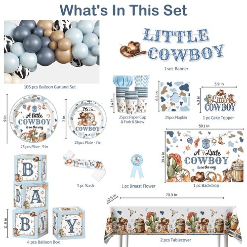 cocomigo 287Pcs Cowboy Baby Shower Decorations, All-in-1 Supplies Pack, Includes 25 Tableware, A Little Cowboy is on the Way Backdrop Tablecloth, Balloon Kit for Baby Boy Shower Decorations