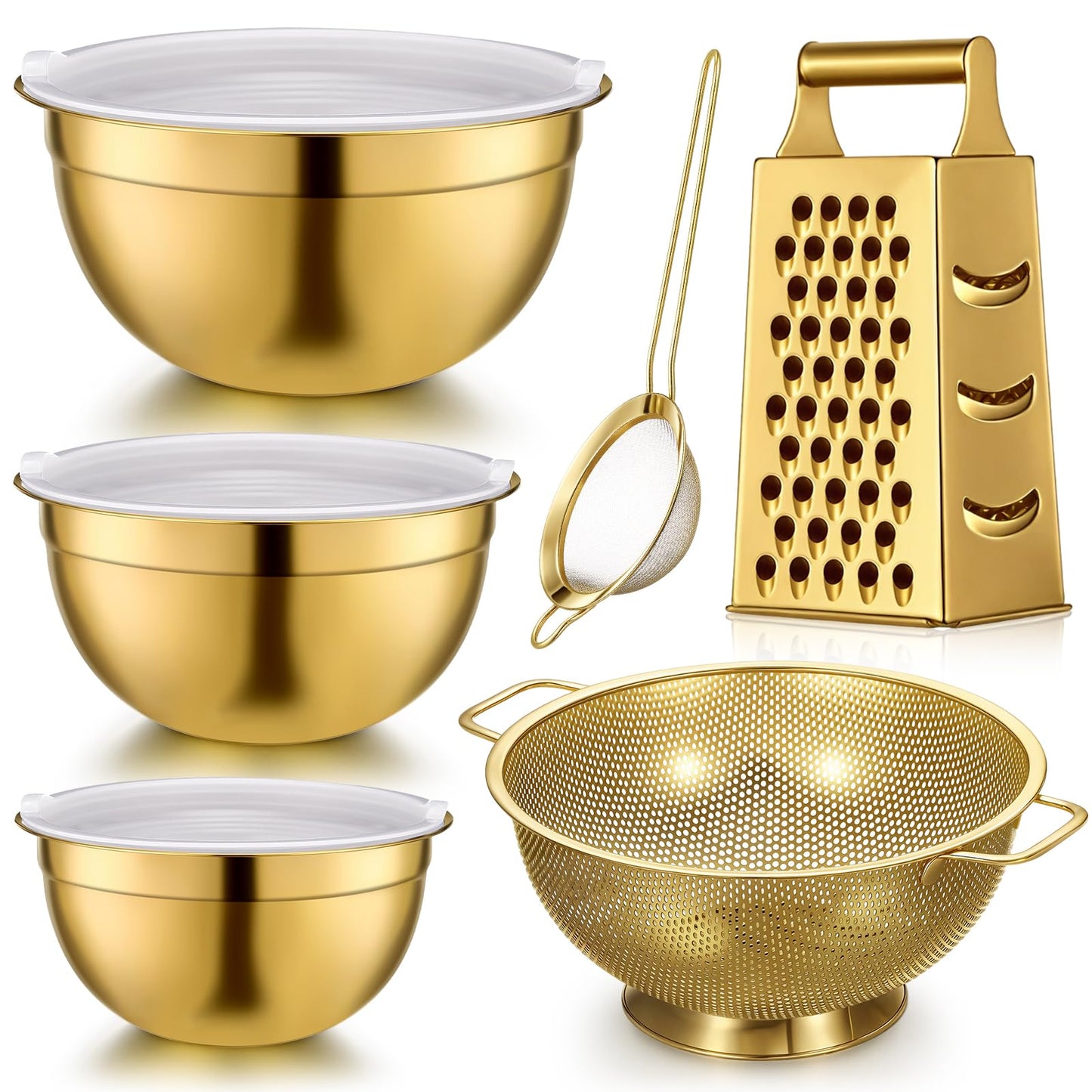 Baderke 6 Pcs Gold Kitchen Accessories Set Includes 3 Gold Mixing Bowls with Airtight Lids Stainless Steel Colander Grater Slicer and Fine Mesh Strainer(Mixing Bowls: 2.8/3.7/5 Qt, Colander: 4 Qt)