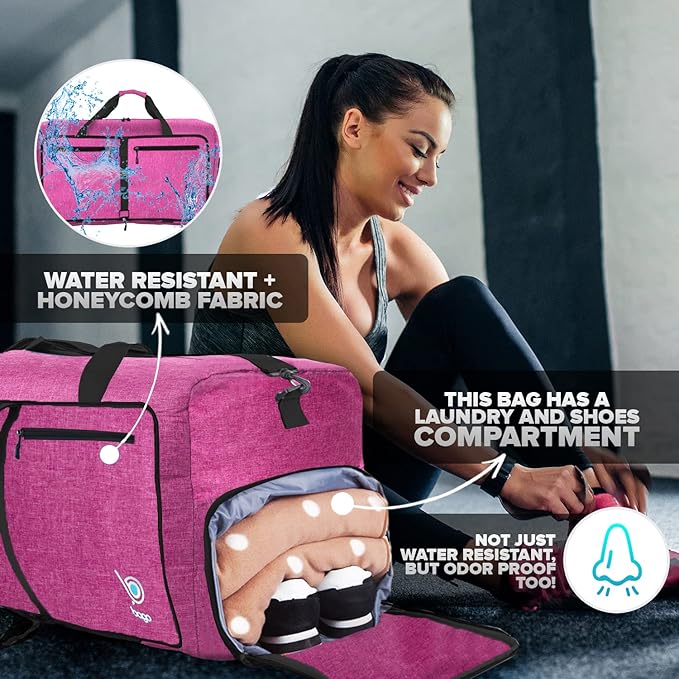 Bago Large Foldable Duffel Bags for Traveling Women & Men - 80L Packable Duffle Bag for Travel with Shoe Compartment - Water Repellant, Heavy Duty, Lightweight Folding & Collapsible (SnowPink)