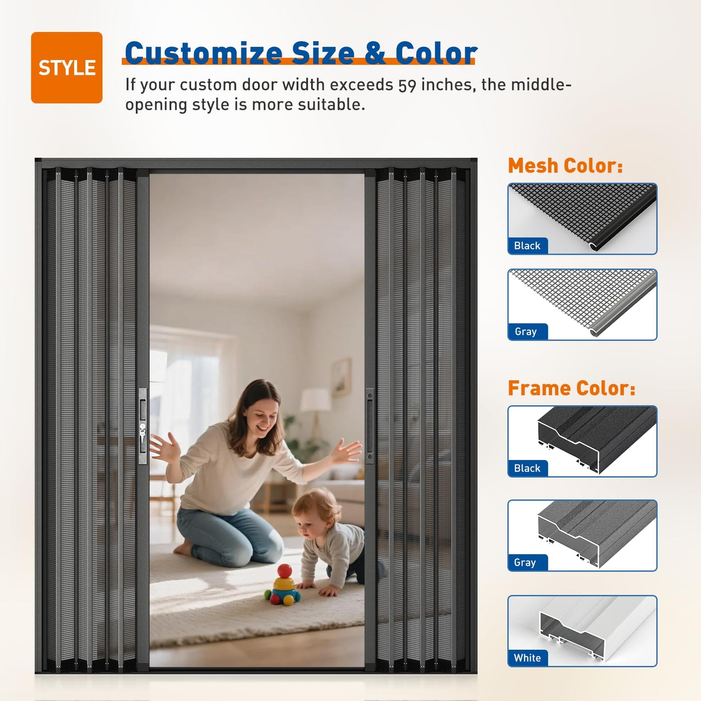 MAGZO Custom Aluminum Retractable Screen Door Middle Opening, Upgraded Heavy Duty Aluminum Frame & Sturdy Mesh with Security Lock, Easy Assemble