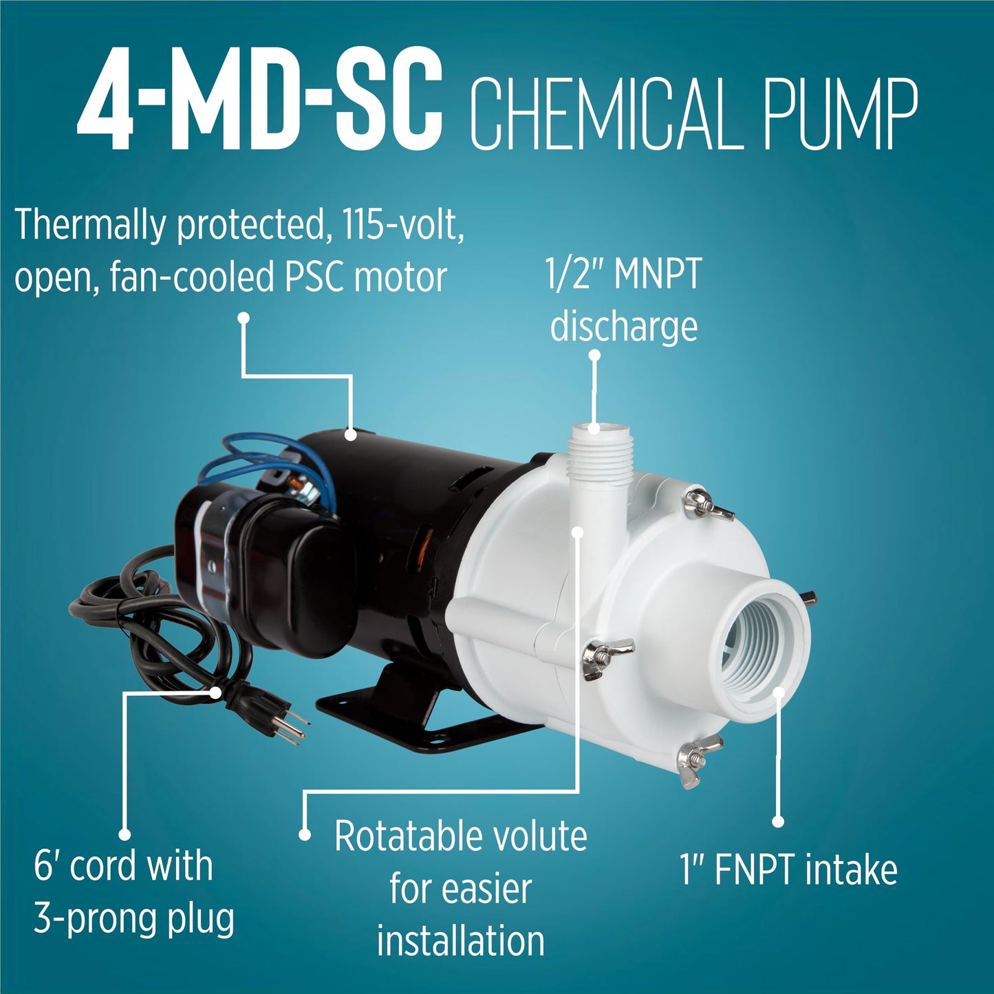 Little Giant 115 Volt, 1/10 HP, 840 GPH, 4-MD-SC Non-Submersible Semi-Corrosive Chemical Magnetic Drive Pump, 6-Foot Cord with Plug, Black/White, 582503