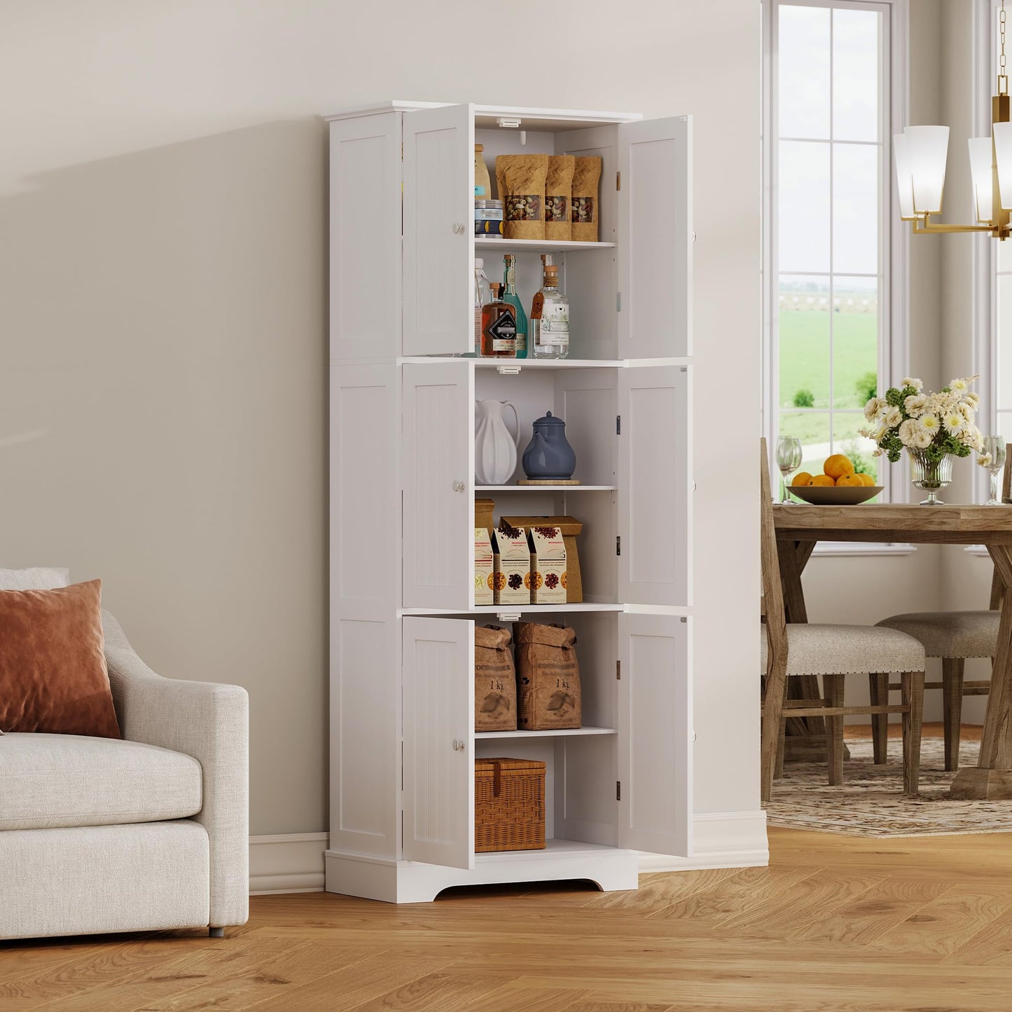 ChooChoo Tall Bathroom Storage Cabinet with 6 Doors, Freestanding Floor Cabinet with Adjustable Shelves, White Pantry Cabinet for Bathroom, Kitchen, Laundry Room