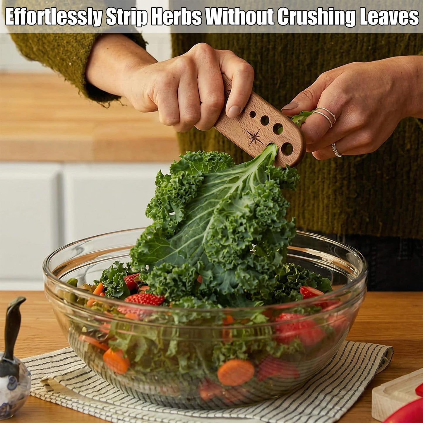 LemonRoad 2 Pcs Wooden Vegetable Leaf Separator Herb Stripper Tool Supplies with Cleaning Brush Wood Leaf Peeler Tool 7 Hole Sizes Fun Kitchen Gadget Herb Stripper Bowl Gifts for Home Cooks Chefs