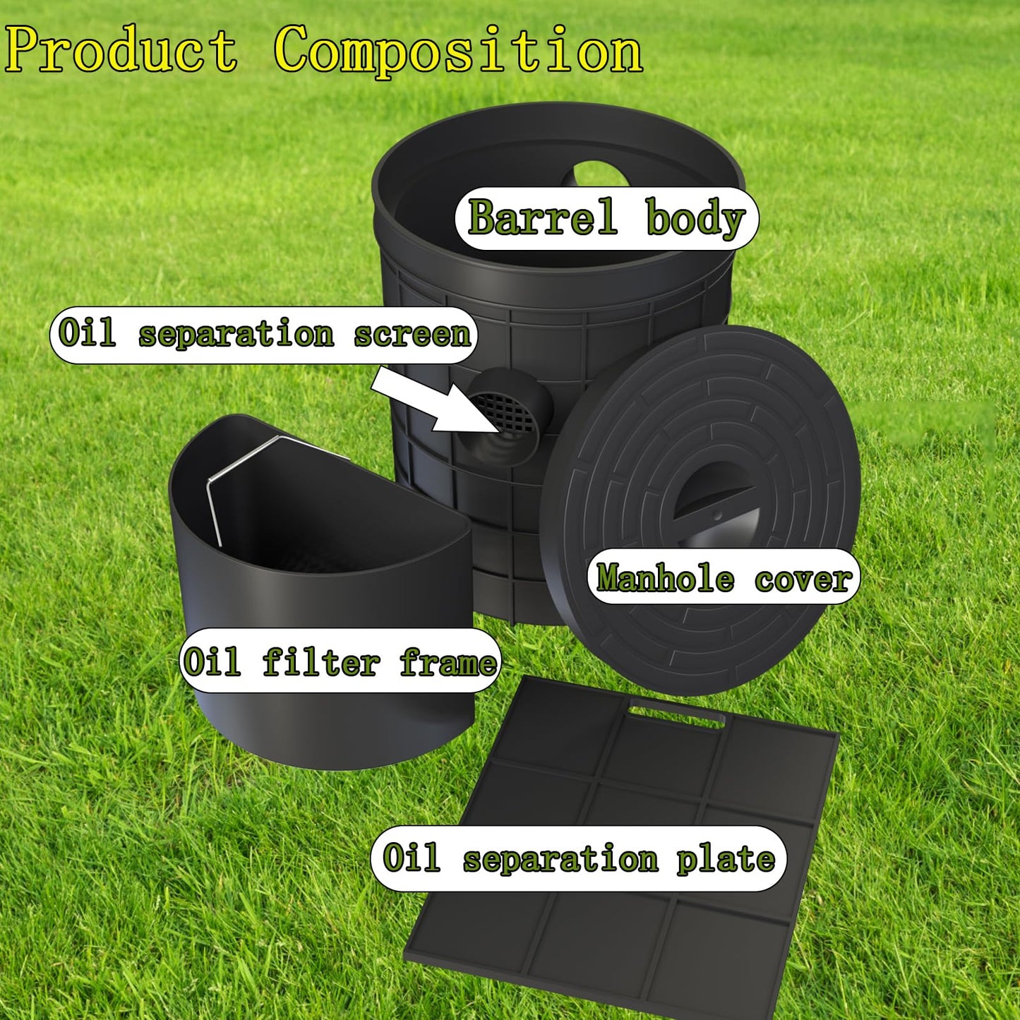 Grease Trap Commercial, Lightweight PE Plastic Grease Interceptor Trap Side Inlet Waste Oil Water Separator for Kitchen Sink Restaurant Wastewater Easy Install (Round-450-75-110)