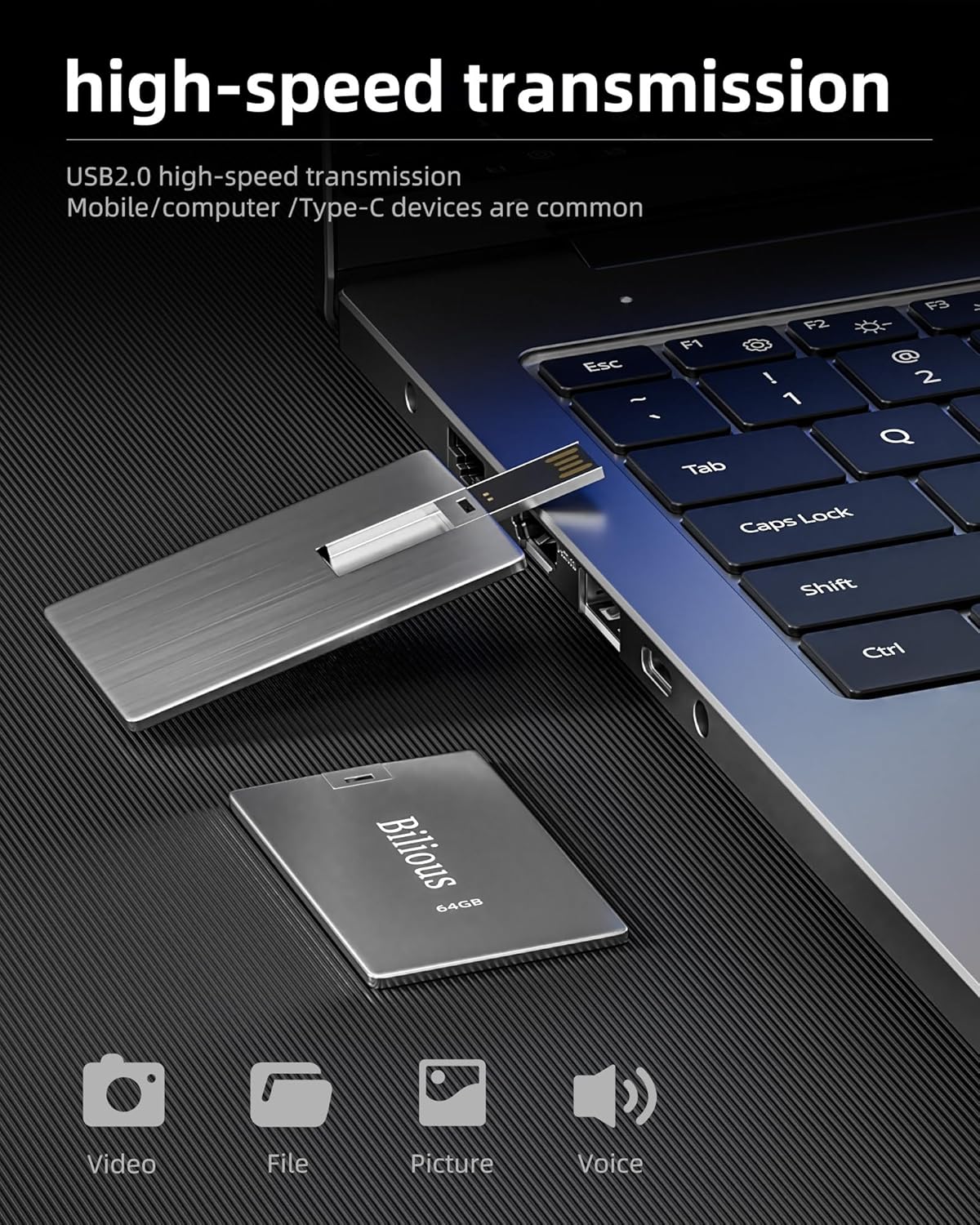 Bilious 2PCS 64GB 2.0 USB Flash Drive, Metal Credit Card Bank Card Style Thumb Drive Portable Key-Hole Design USB