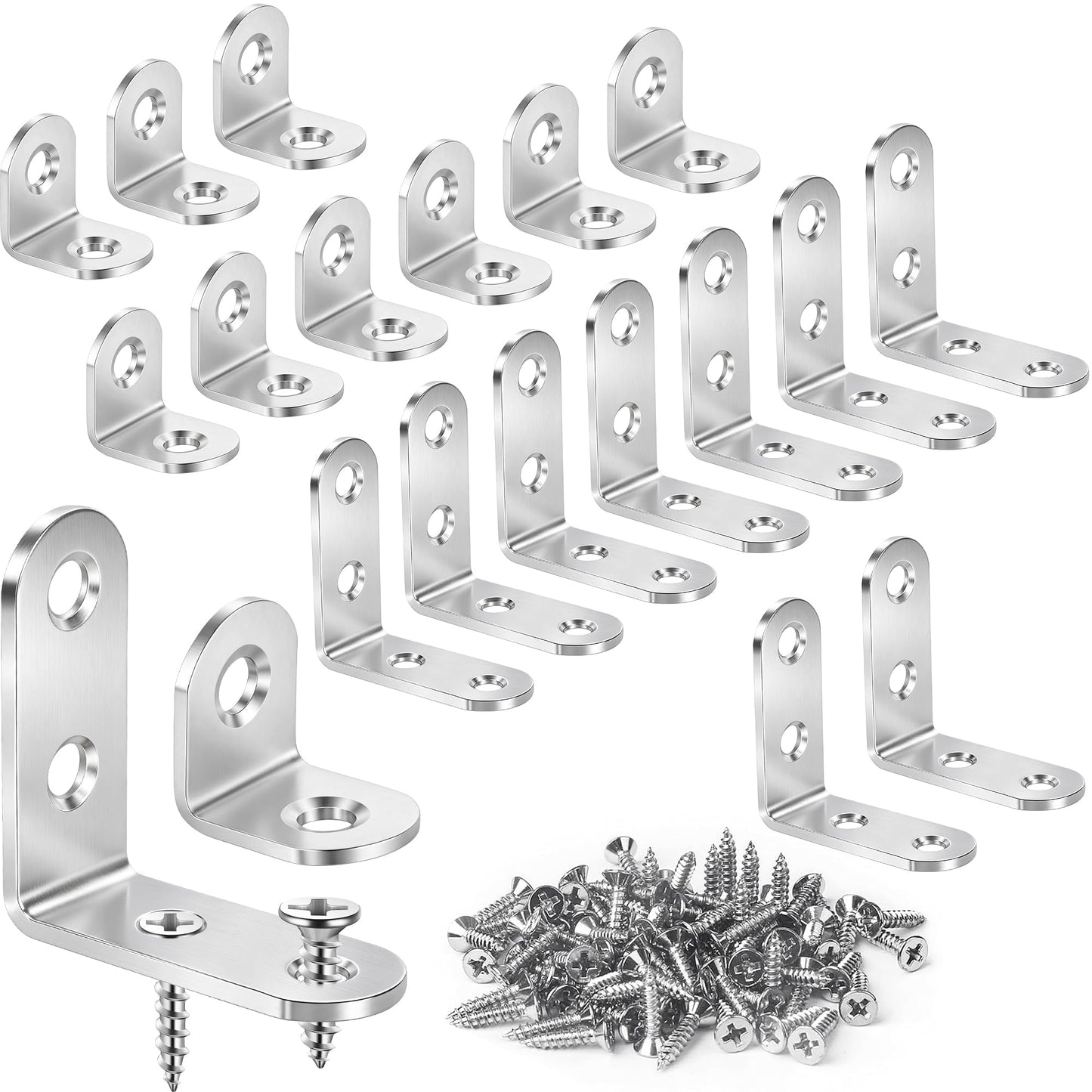 20 Pack L Bracket Corner Brace Kit, 2 Sizes Stainless Steel L Brackets for Wood Shelves, 90 Degree Right Angle Bracket with 60 Screws, Small Metal Corner Brackets for Furniture Cabinet Drawer Chair