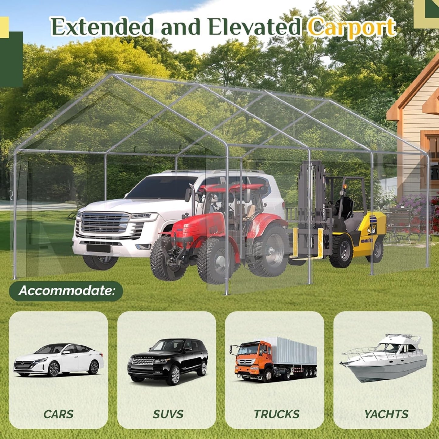 EROMMY 13x20FT Heavy Duty Carport, Portable Garage Shelter with Roll-Up Windows, Removable Sidewalls and Doors, Outdoor Storage Canopy for Car, Truck, Boat, RV, Trailer, Outdoor Gray and Inner White