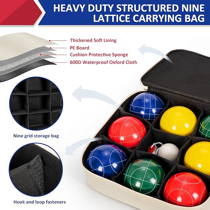 ropoda 107mm Bocce Ball Set Regulation Size and Weight with 8 Resin Bocce Balls, Resin Bocci Balls for Professional Tournament Competition, 60mm Pallino, Nine-Grid Shockproof Carrying Bag(2-8 Players)
