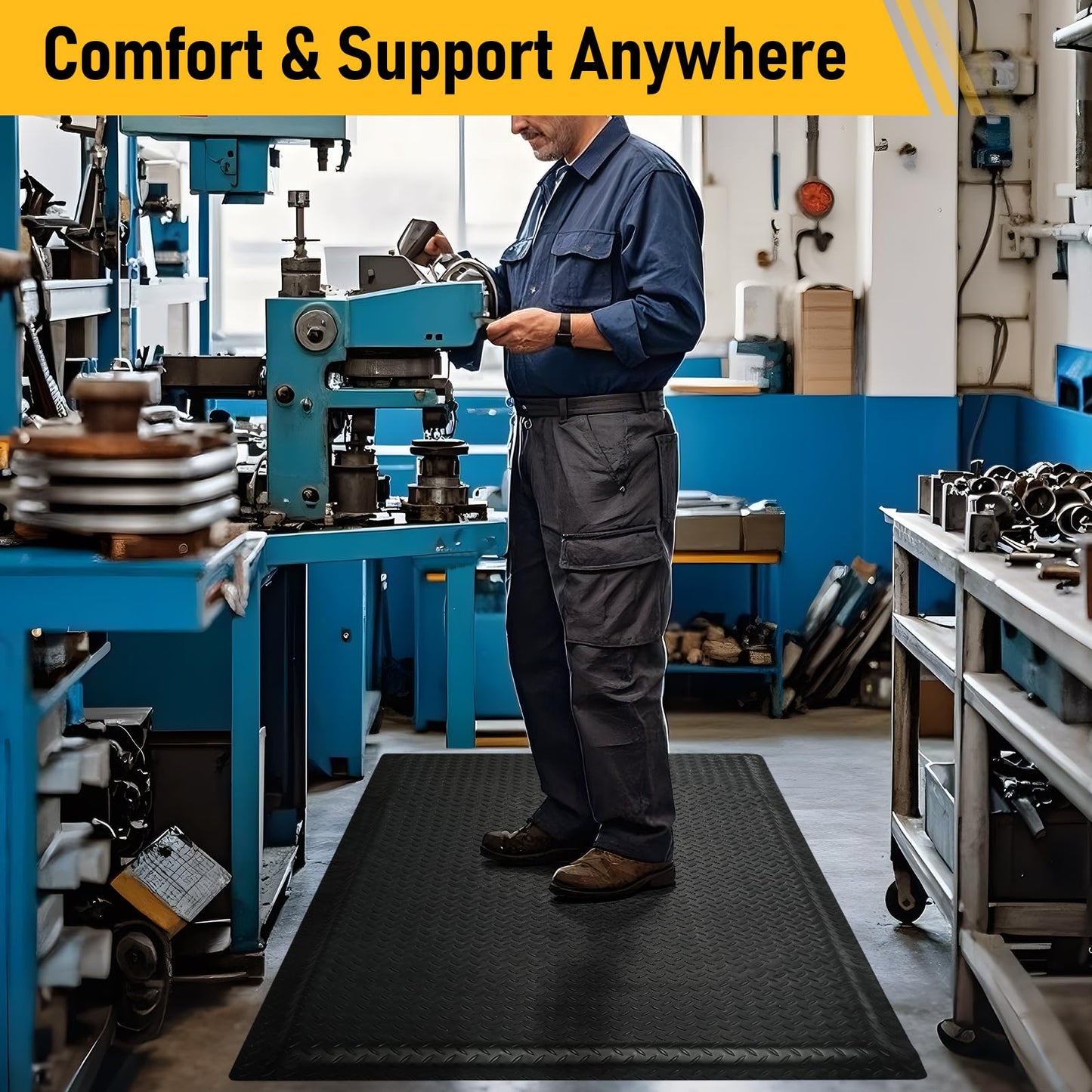 Nisorpa Anti Fatigue Mats Industrial 3' x 6' Ergonomic Standing Mat 15/16" Extra Thick Shop Floor Mat Kitchen Mats Heavy Duty Commercial Diamond Plate Support for Leg & Back Pain, Black