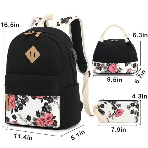 FADOVYE Travel Laptop Backpack School Backpacks for Teen Girls Women, Kids Bookbag Travel Daypacks with Lunch Bag and Pencil Bag, Floral