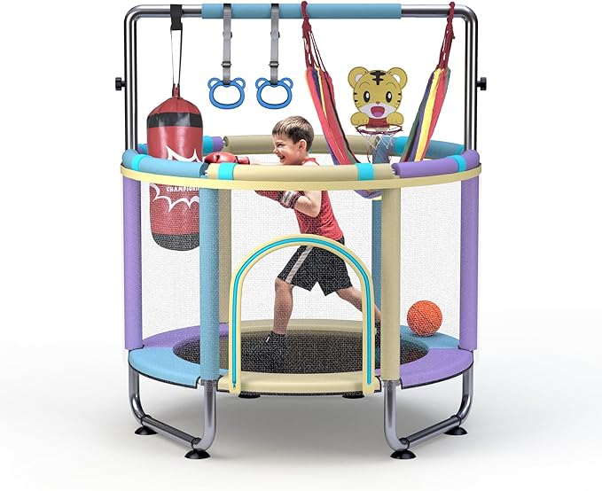 Trampoline for Kids 55inch Toddler Mini Small Trampoline Outdoor Indoor Basketball Hoop, Swing, Gift for Baby, Toddlers & Kids Ages 3-6