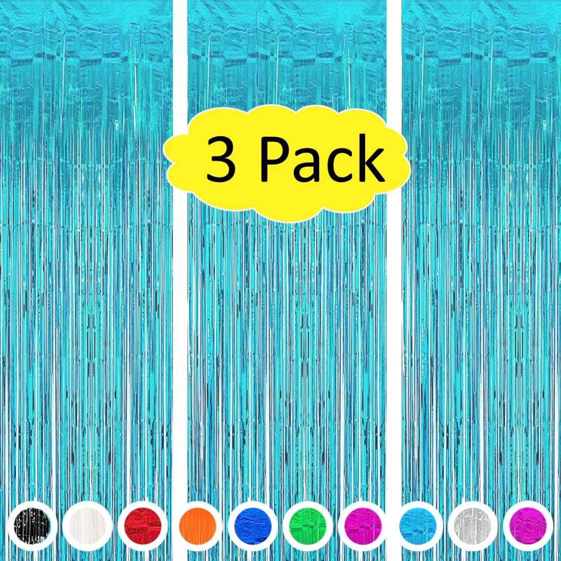 Skiennix Teal Blue Tinsel Foil Fringe Curtains - 3PC Birthday Party Backdrop & Ocean Theme Decor
