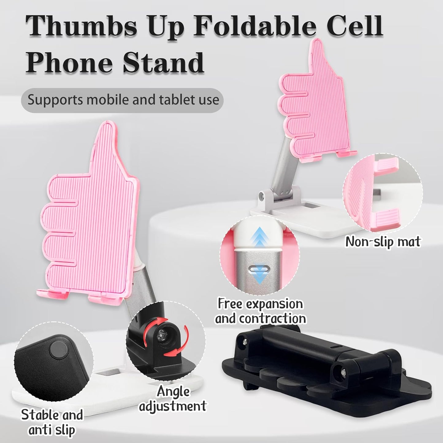 Beiskll 2 Pack Mother's Day Black&Pink Thumbs Up Foldable Cell Phone Stand Holder for Desk,Adjustable Silicone