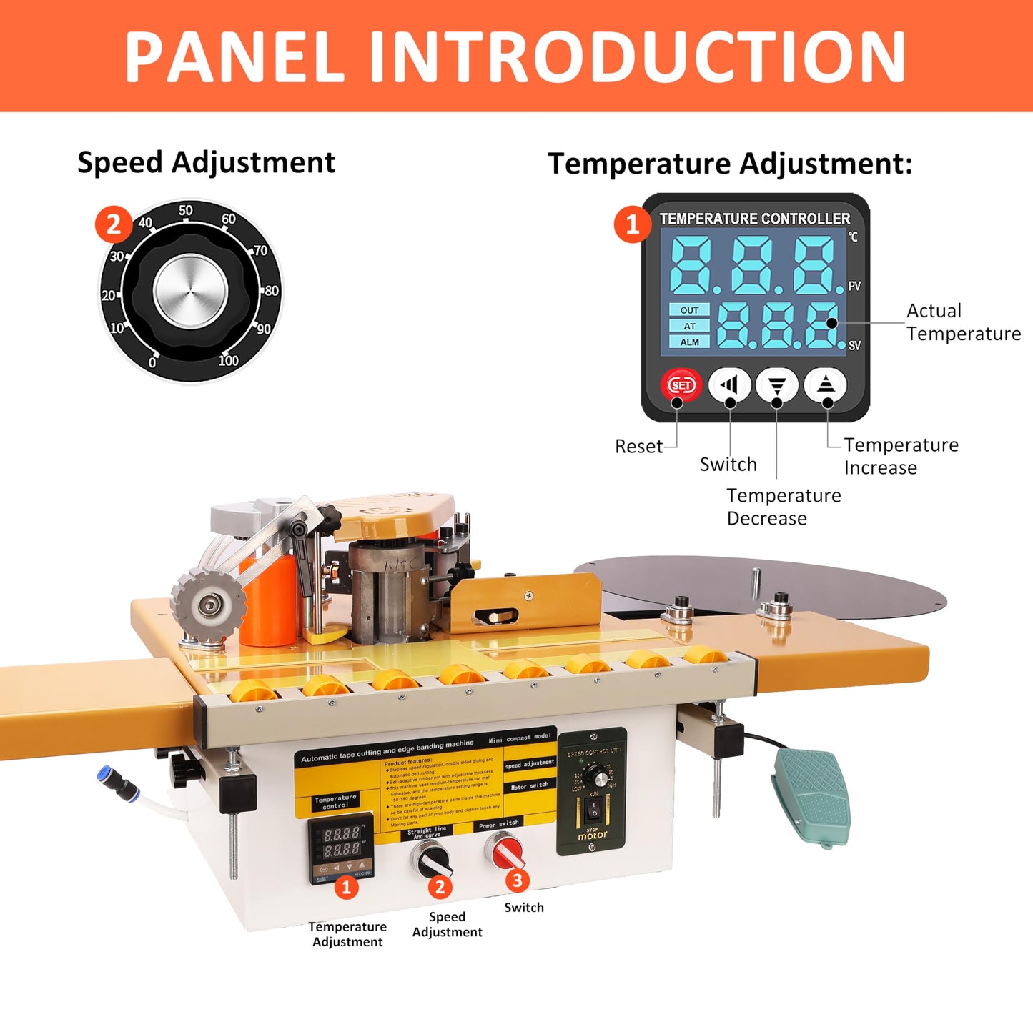 Edge Banding Machine, Portable Woodworking Edge Bander Curve Straight, Dual-Side Glue Application, Automatic Tape Breaking&Intelligent Temperature Control & Adjustable Speed 5-10m/min (110V)
