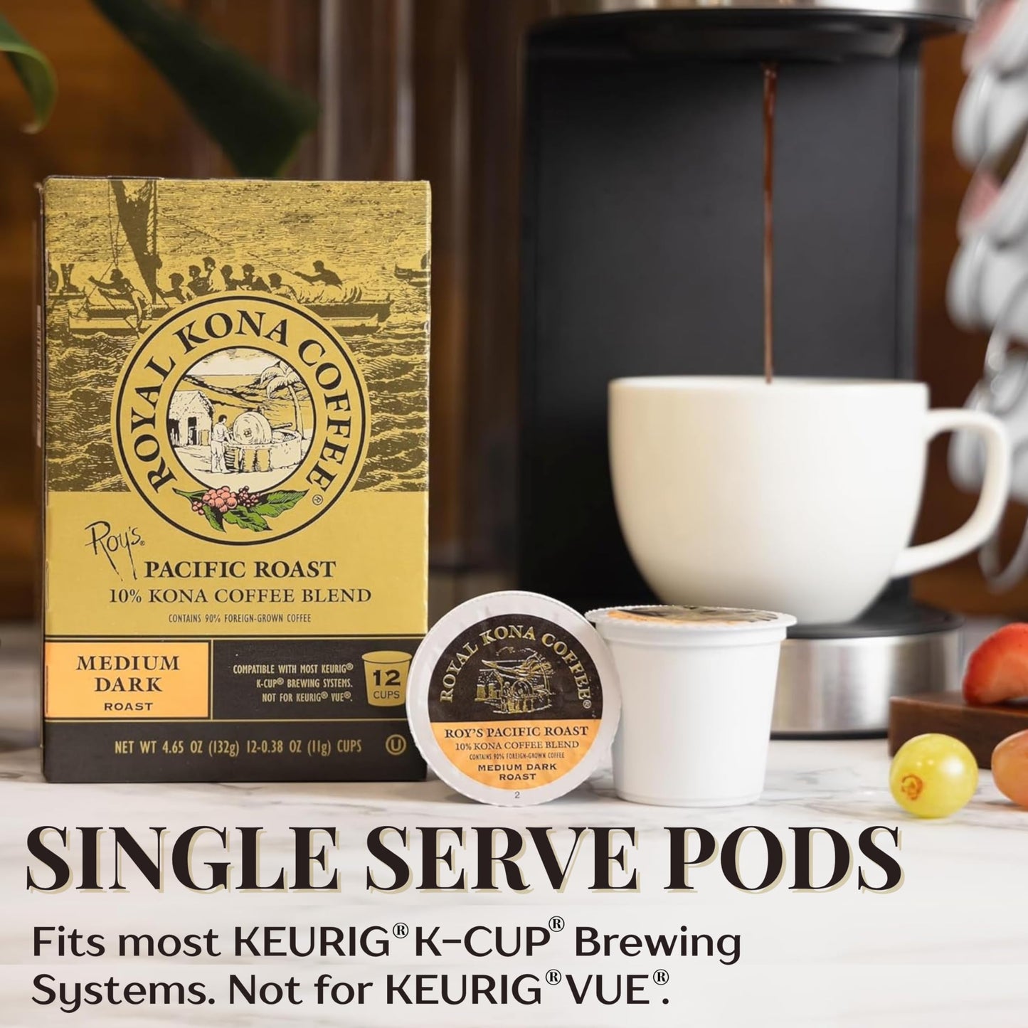 Royal Kona Roy's Pacific Coast, 10% Kona Coffee Blend, Medium-Dark Roast Single-Serve Coffee Pods, Compatible with Pod Brewing Systems, A Taste of Aloha - (12 Count Box)