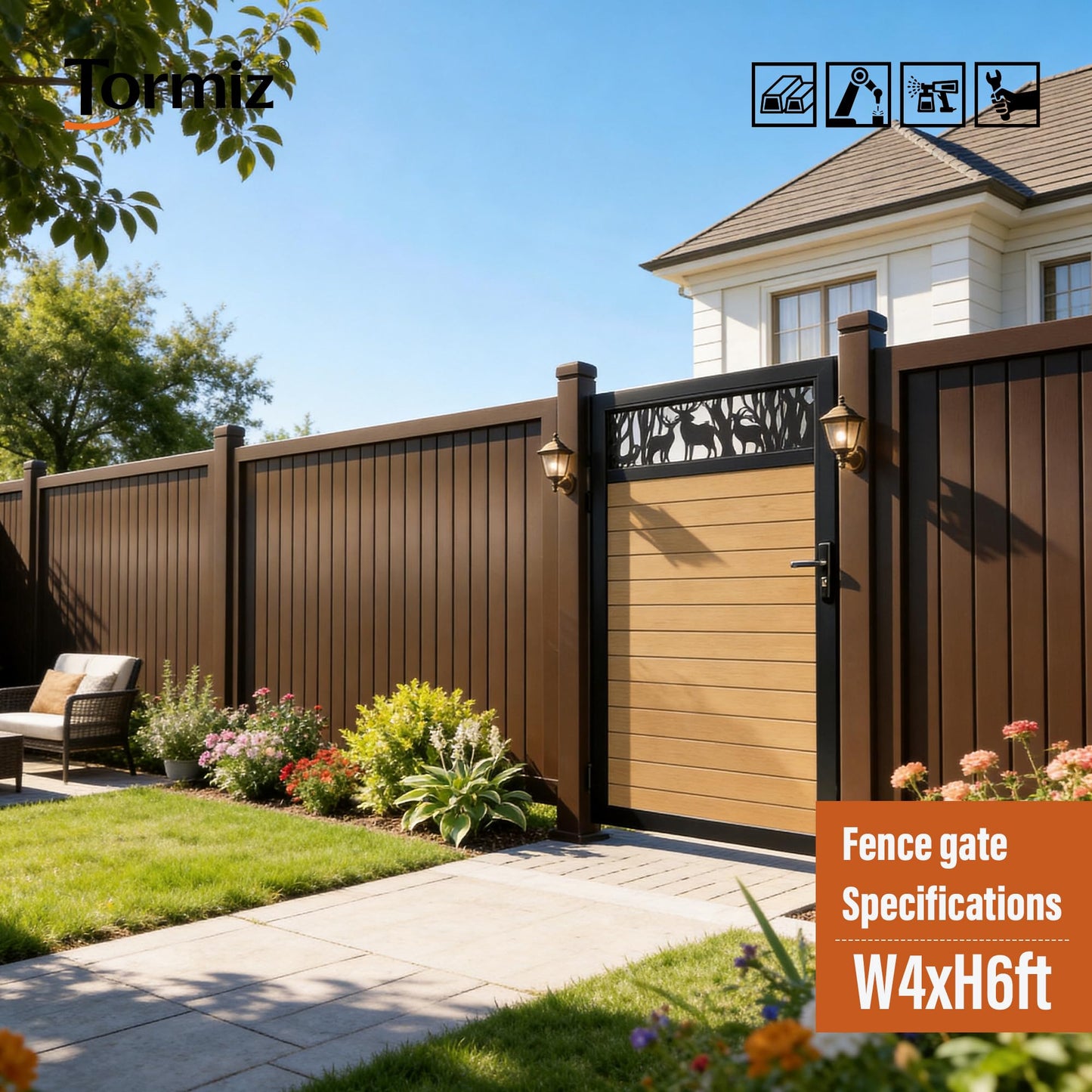 TORMIZ 4x6 FT (46.8"x70.8") All-Aluminum Fence Gate Kit with Wood-Grain Panels – Heavy Duty Anti-Sag Metal Gate Frame, Pre-Installed Left/Right Mount (All-in-One Kit, Panels Included)